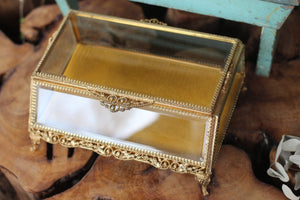 Antique French Filigree Claw Foot Mustard Velvet Jewelry Box