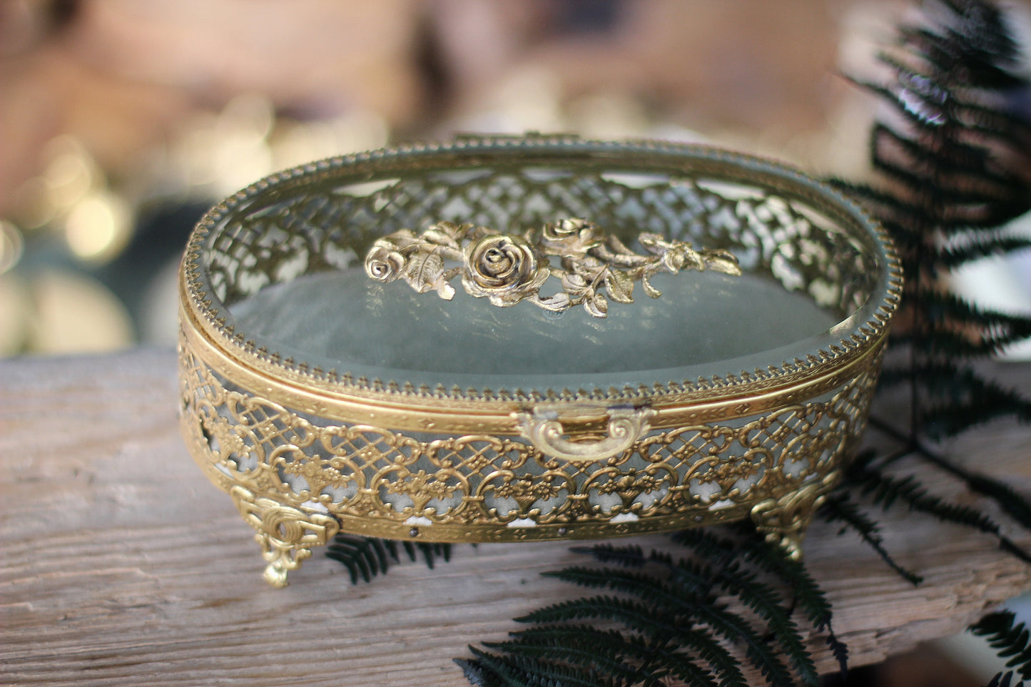 Antique Turquoise Oval Roses Jewelry Box
