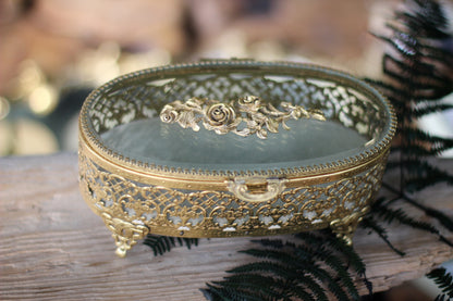 Antique Turquoise Oval Roses Jewelry Box