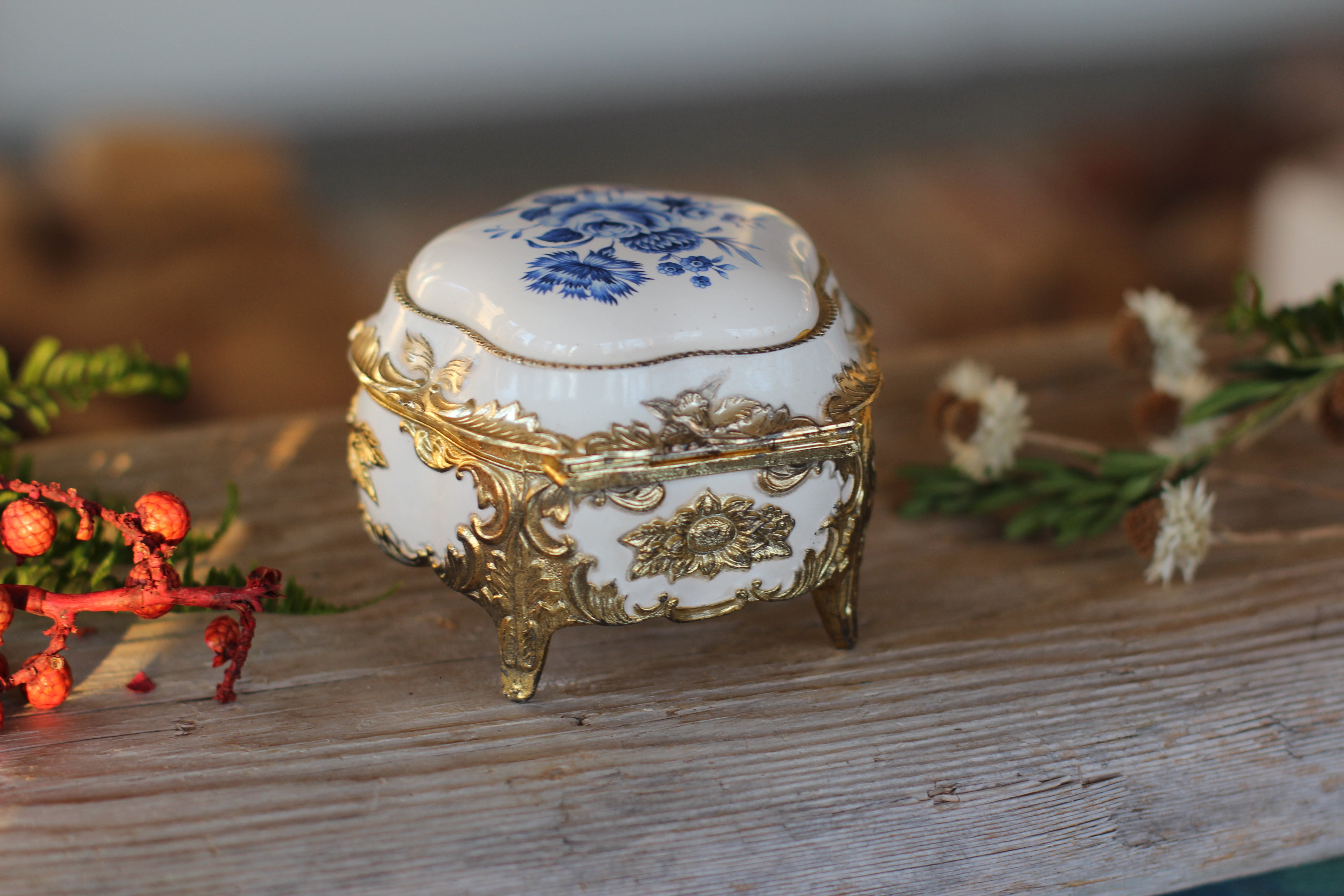 Antique Blue Flowers Jewelry Box