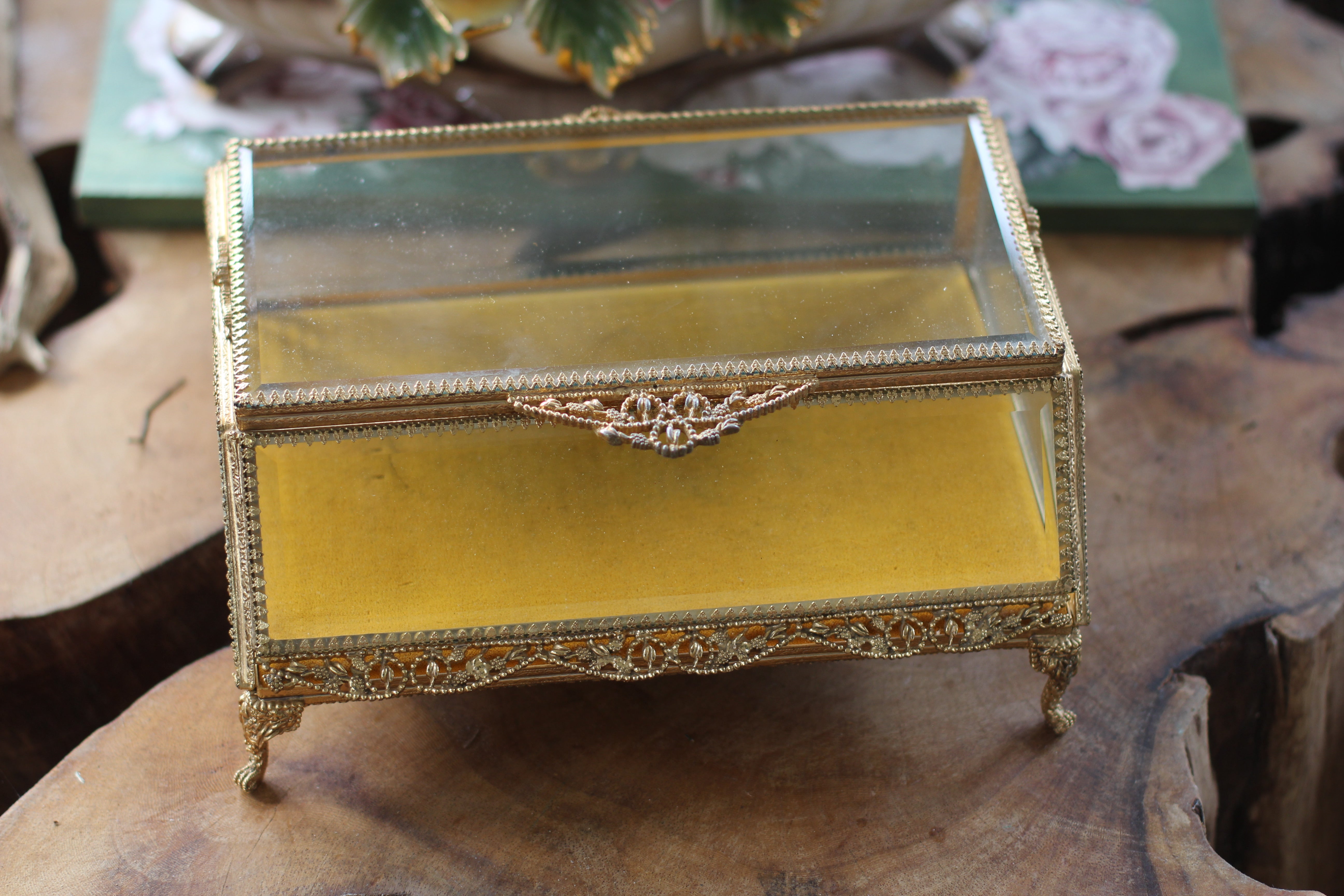 Antique French Filigree Claw Foot Mustard Velvet Jewelry Box