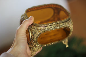 Antique Floral Amber Tinted Glass Jewelry Box