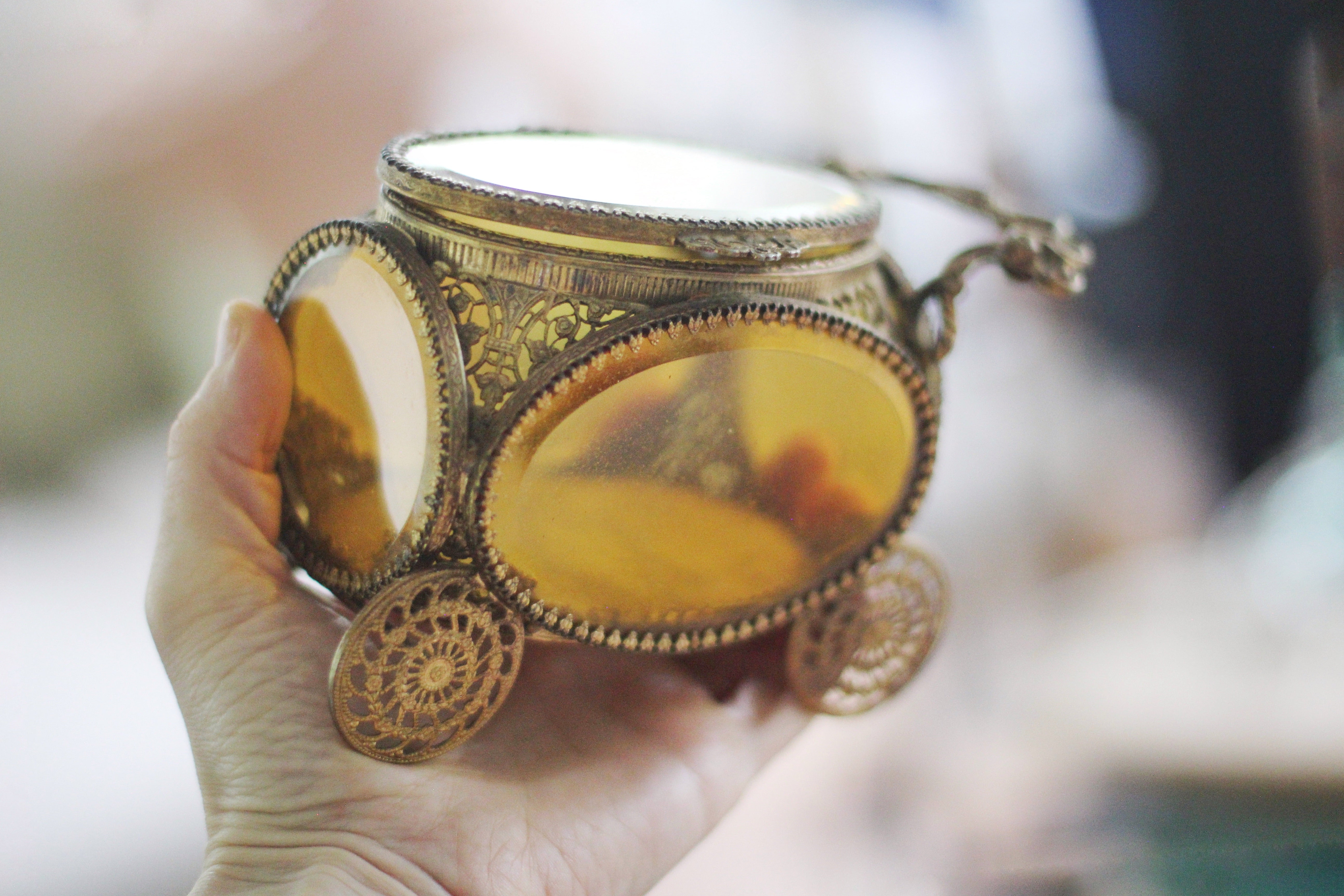 Antique Carriage Amber Glass Filigree Jewelry Box