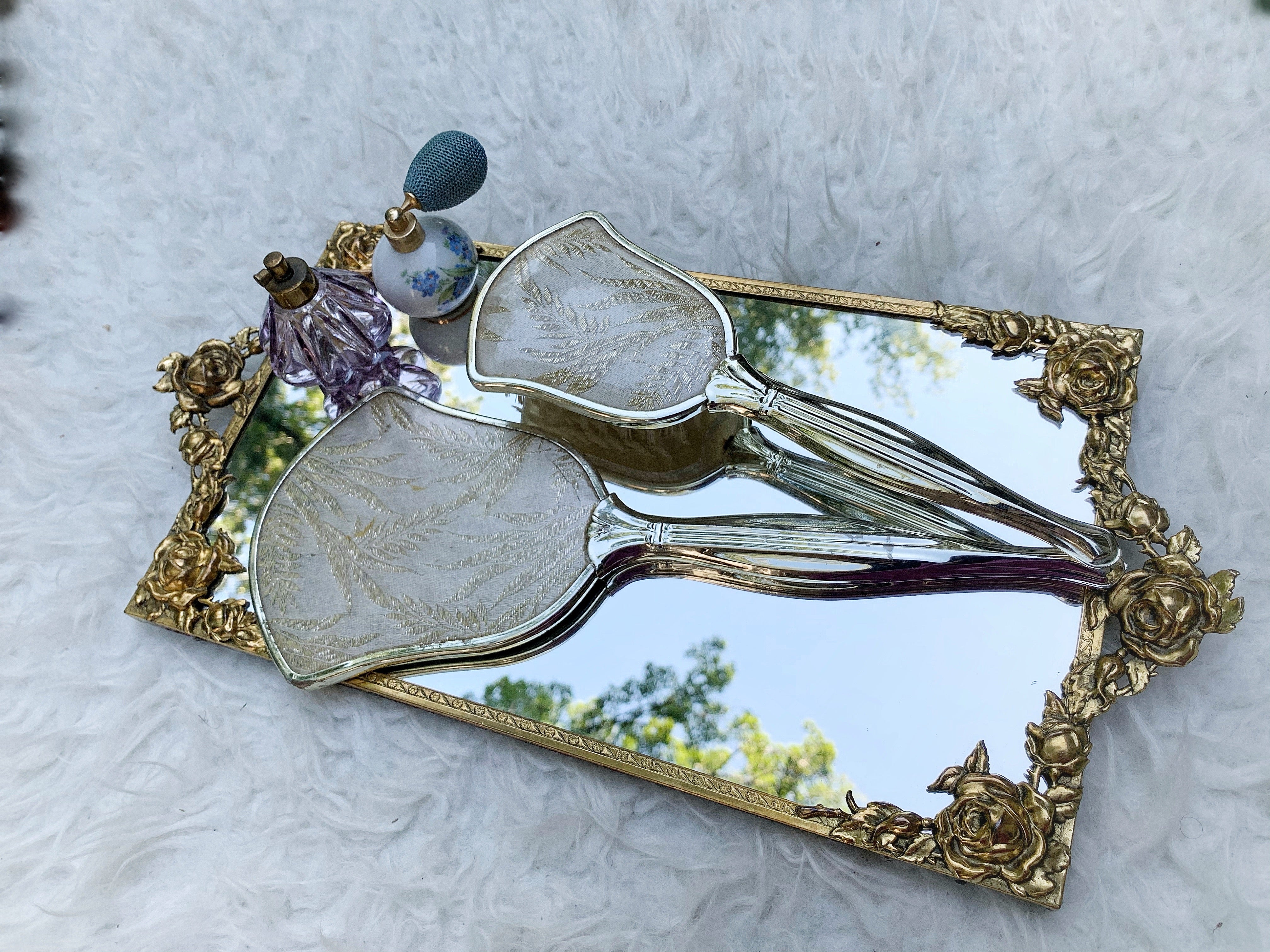 Antique Rectangle Roses Mirror Tray