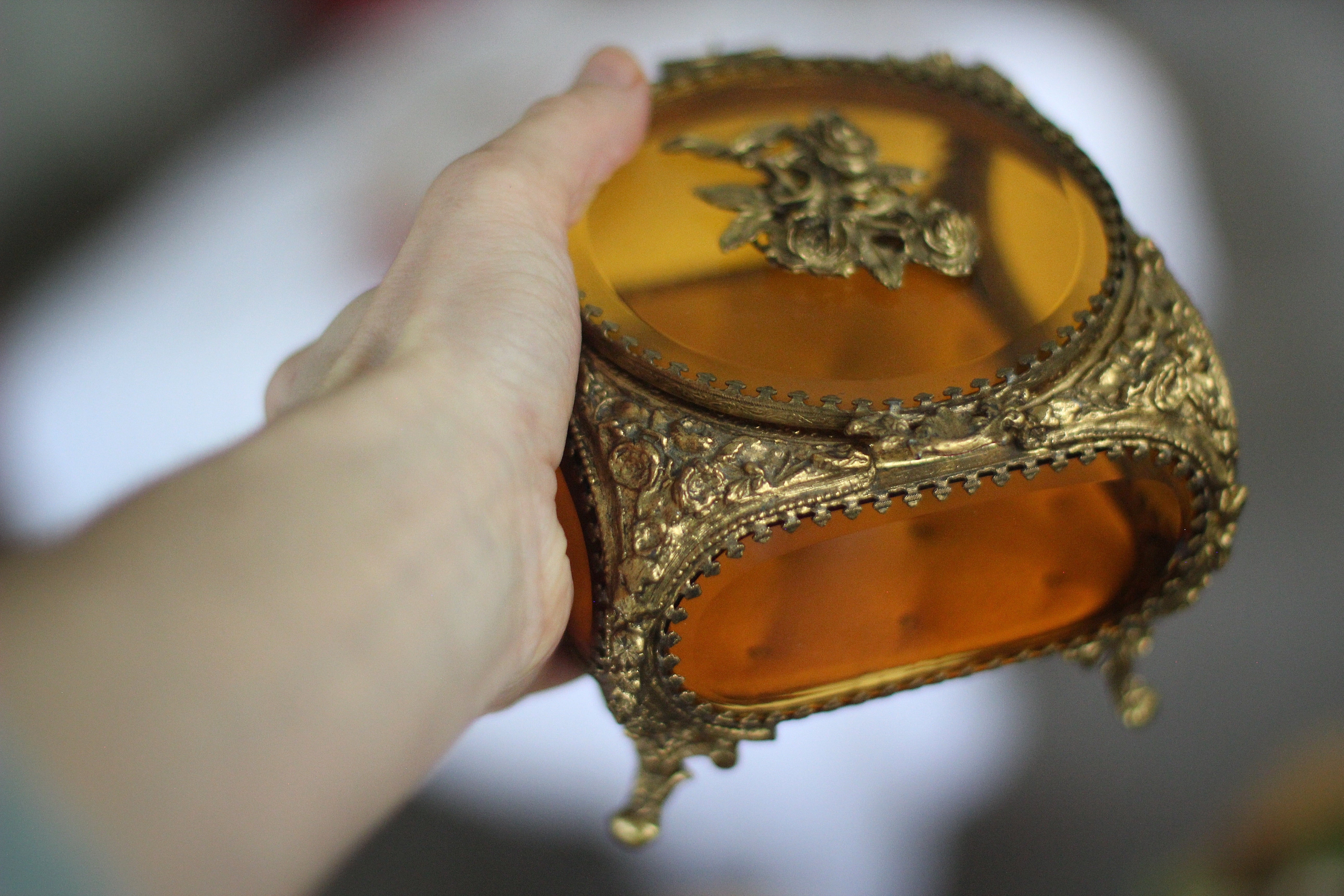 Antique French Victorian Amber Glass Jewelry Box