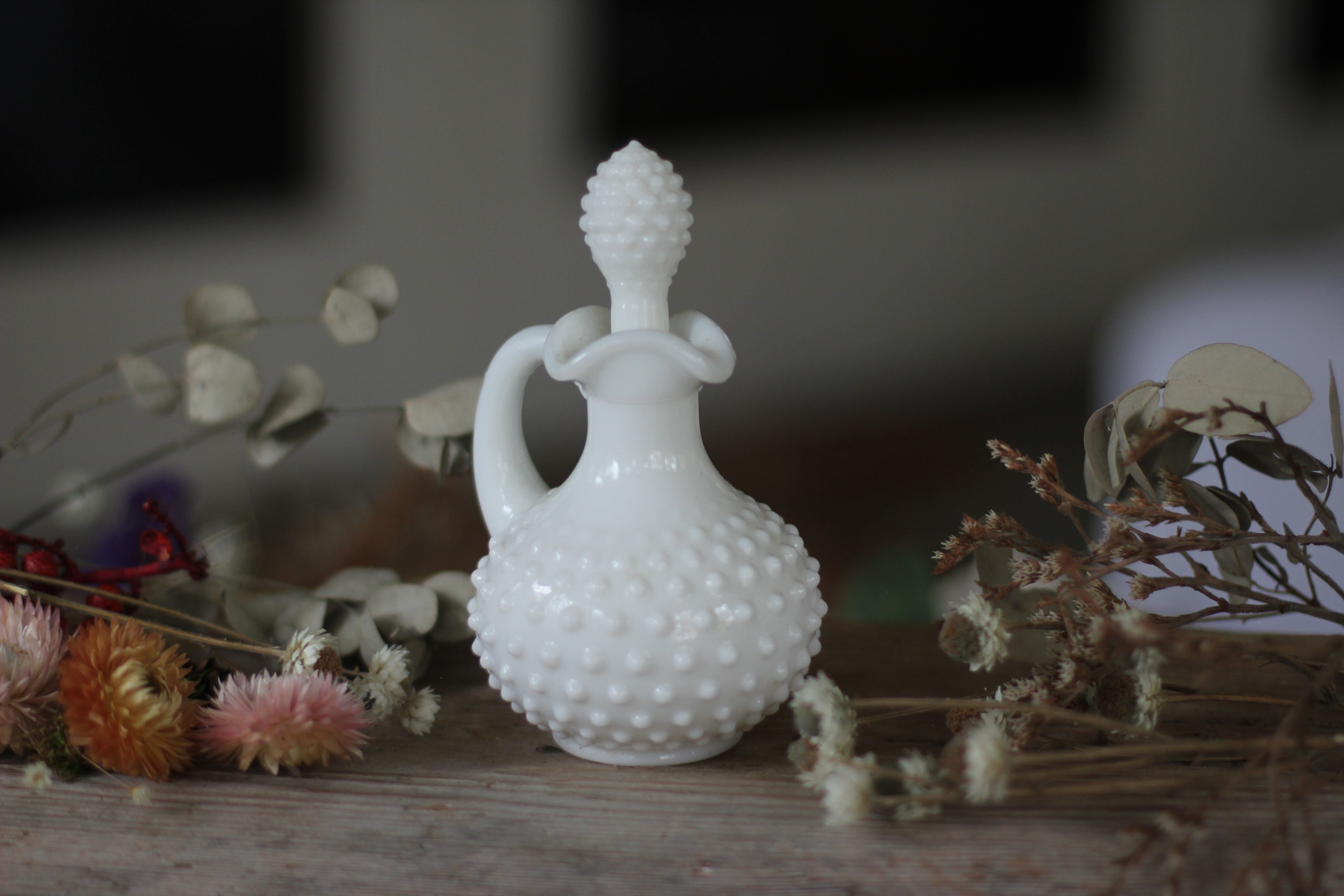 Antique White Glass Hobnail Decanter