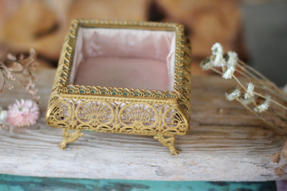 Antique French Filigree Pink Satin Jewelry Box