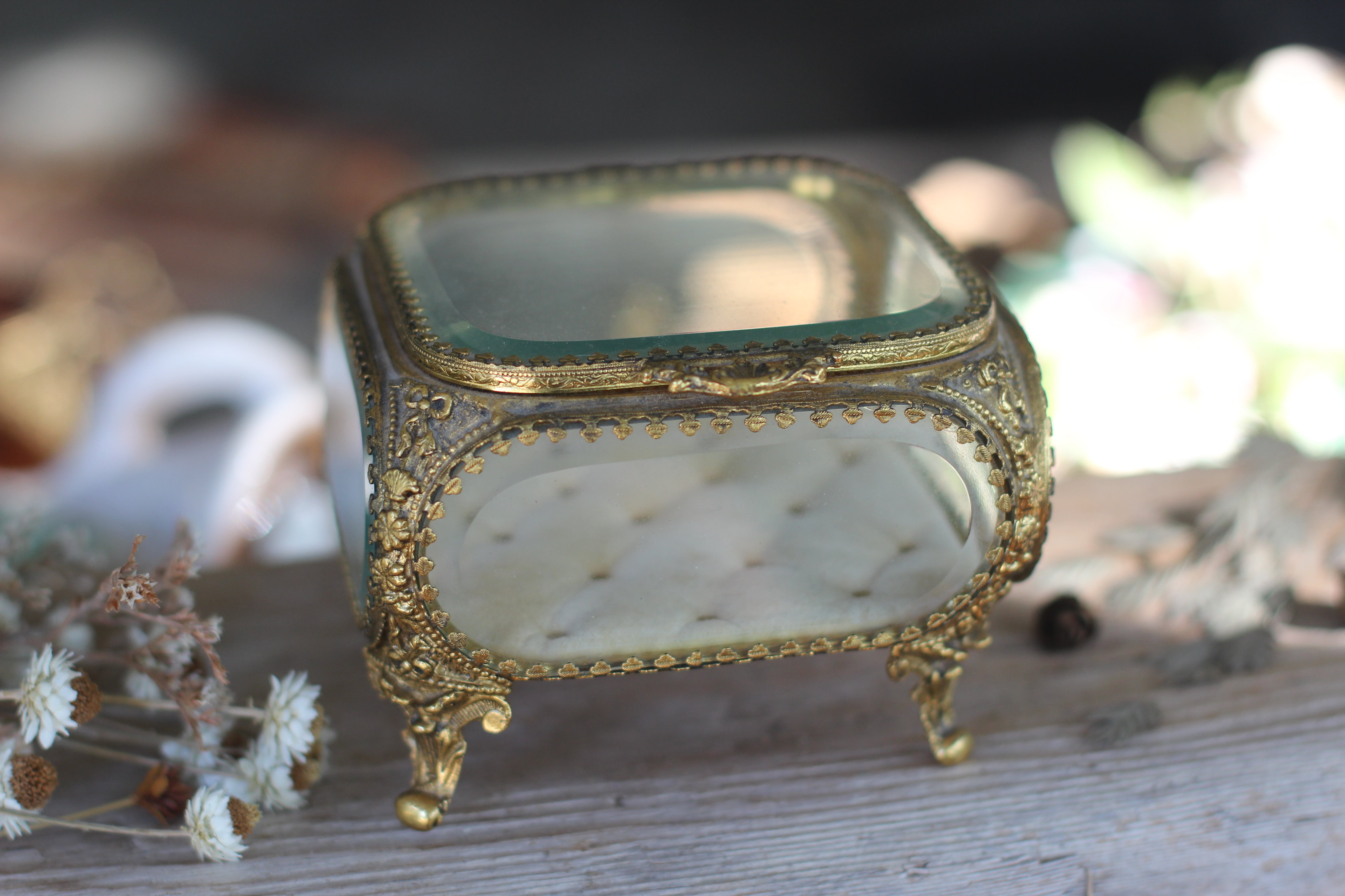 Antique Square Glass Filigree Jewelry Box
