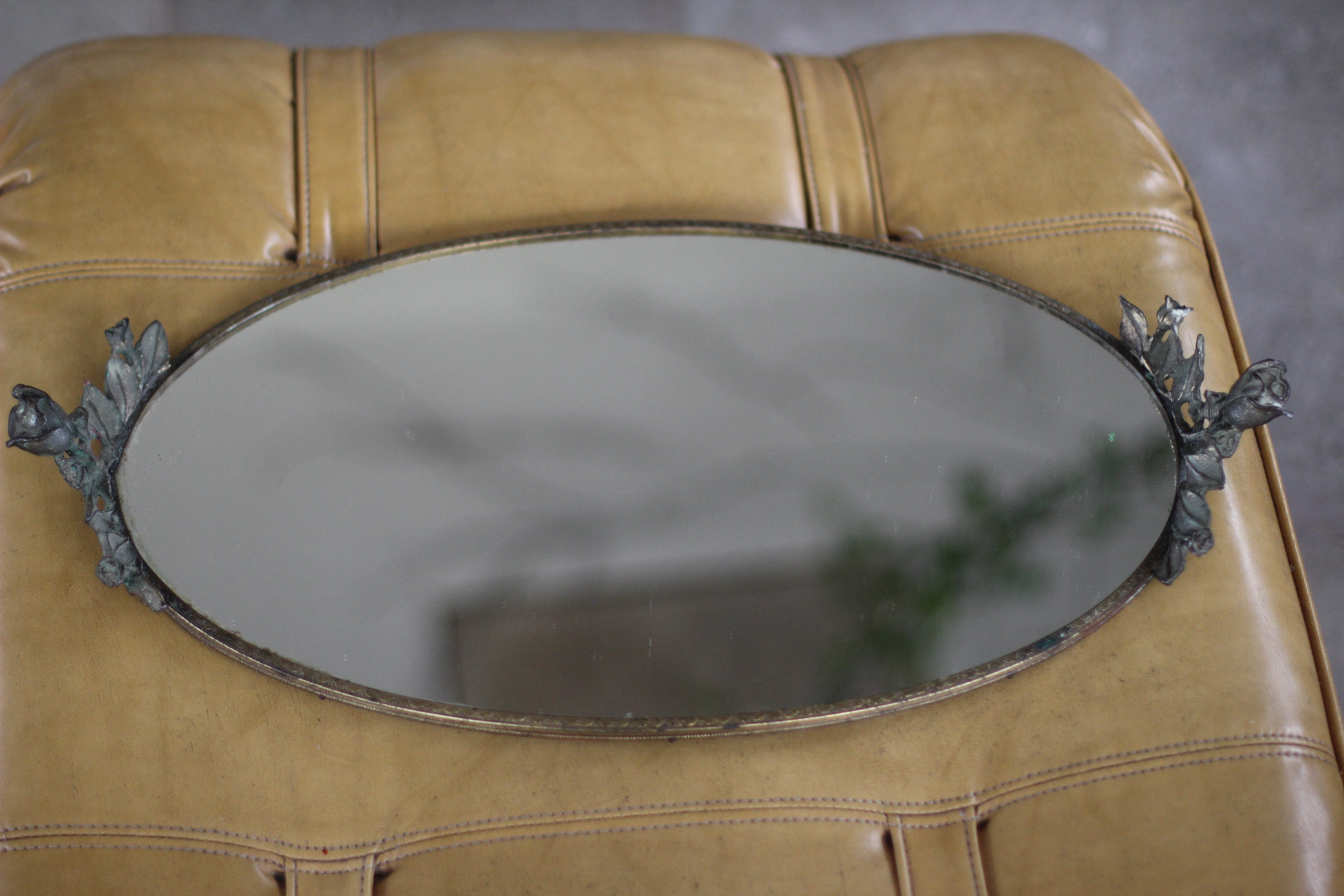 Antique Floral Silver Tone Mirror Tray