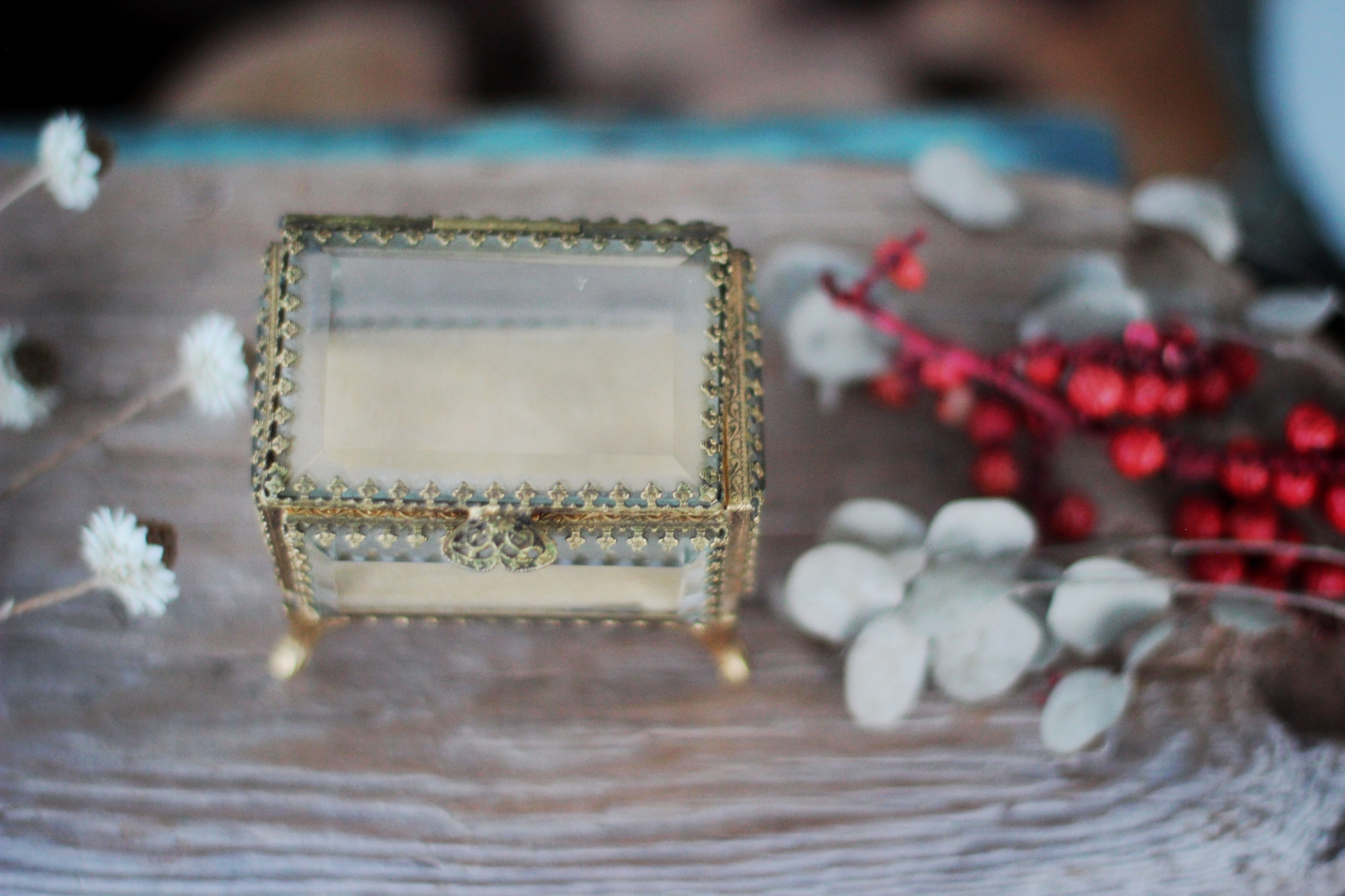 Vintage Small Ormolu Beveled Glass Jewelry Box