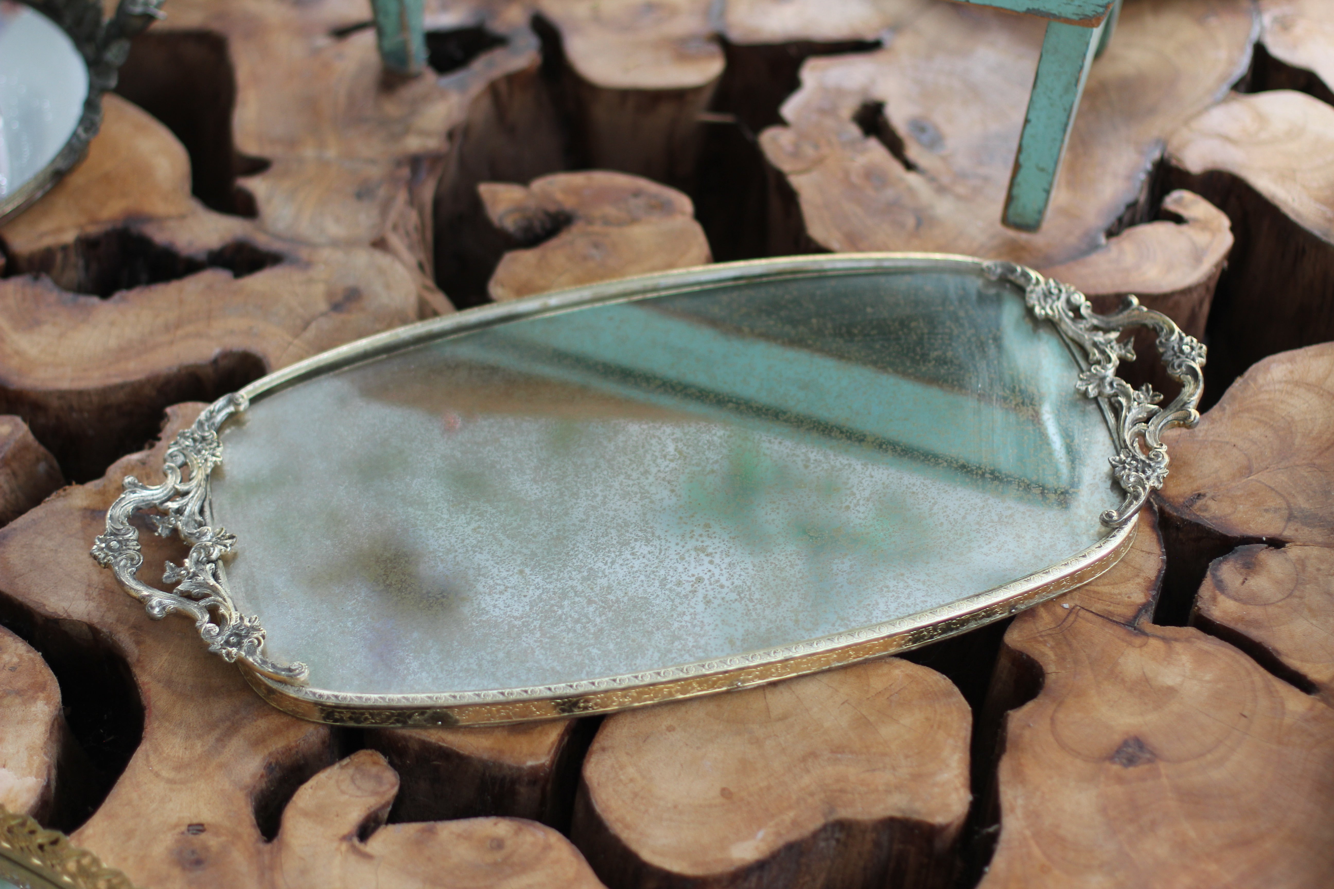 Antique Floral Silver Bronze Filigree Mirror Tray