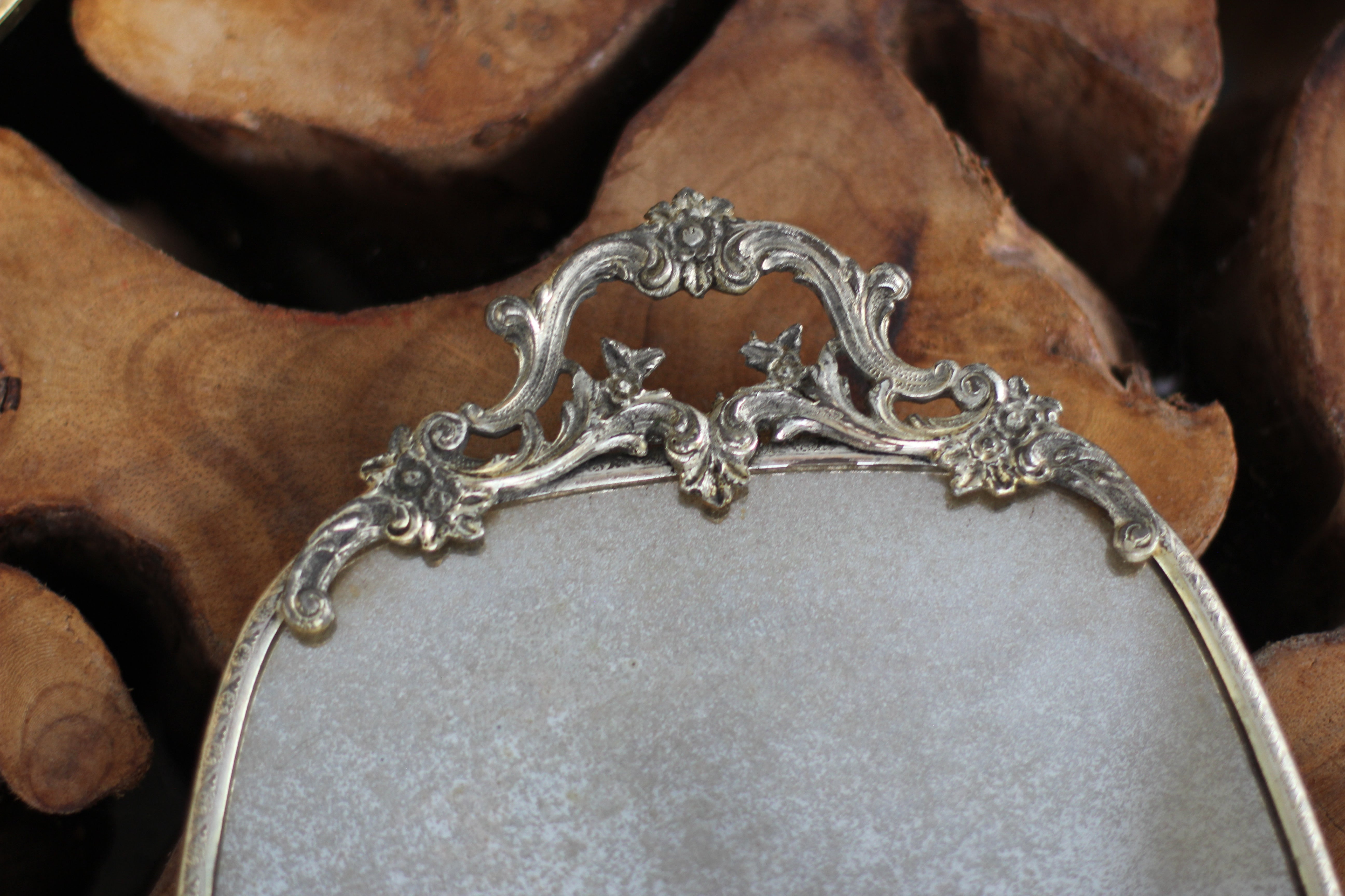 Antique Floral Silver Bronze Filigree Mirror Tray