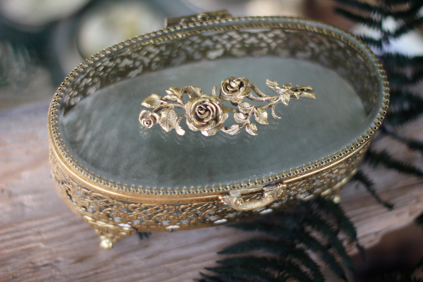 Antique Turquoise Oval Roses Jewelry Box