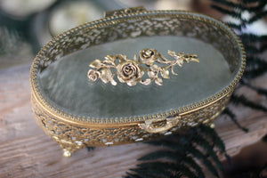 Antique Turquoise Oval Roses Jewelry Box