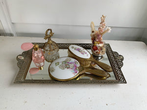 Antique Rectangle Floral Lace Mirror Tray