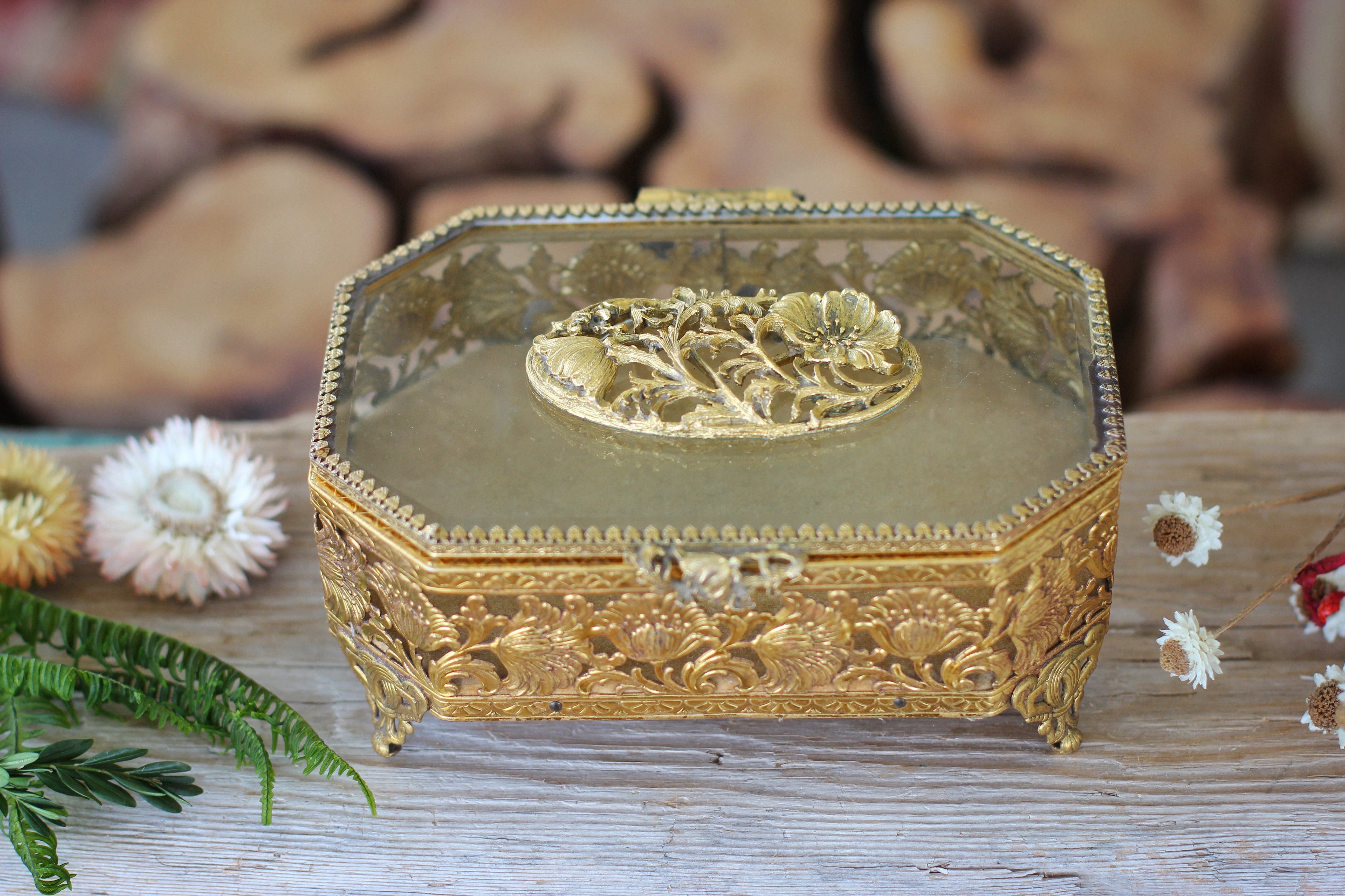 Antique Floral Dogwood Jewelry Box