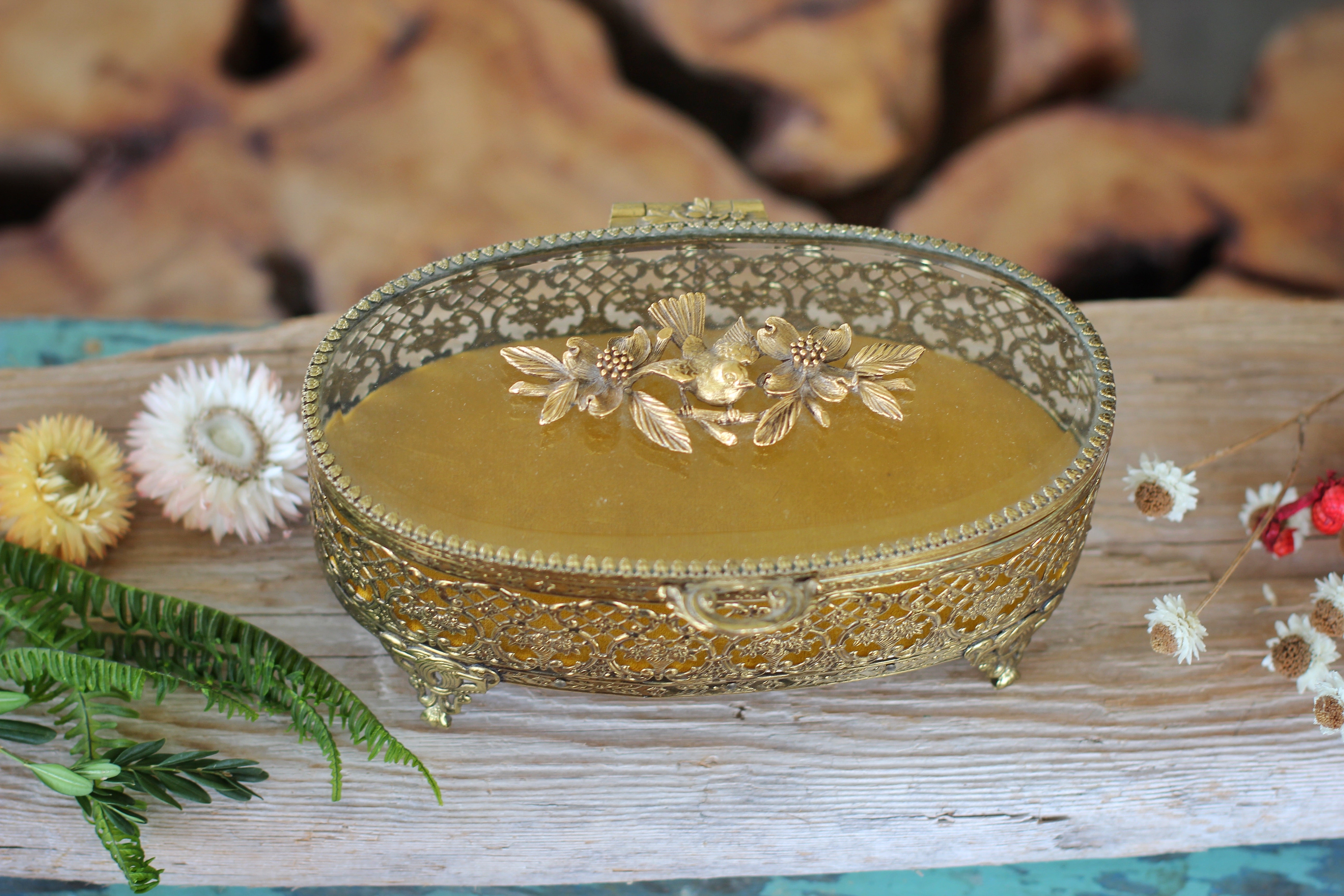 Antique Floral Dogwood Bird Jewelry Box
