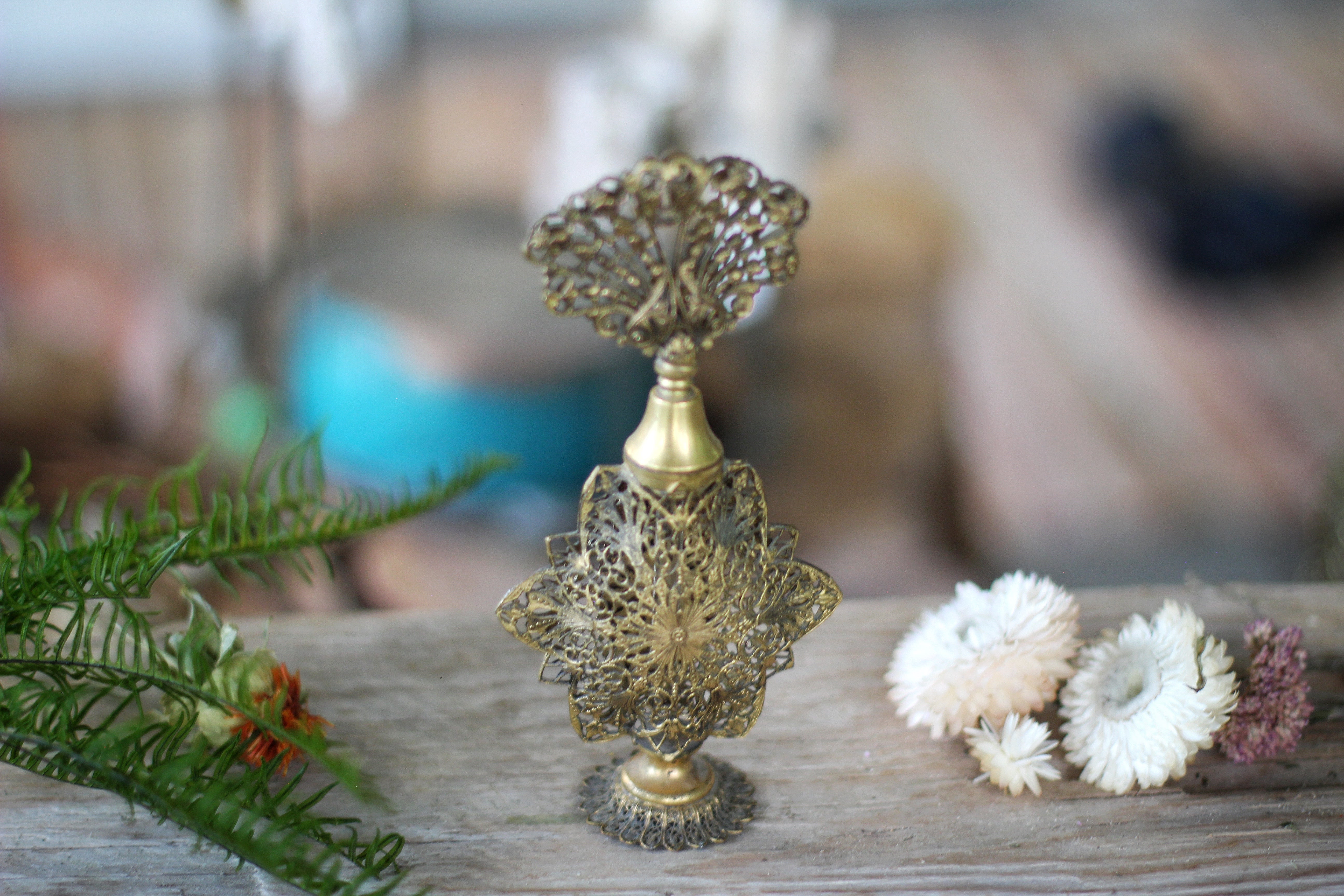 Antique Floral Bronze Filigree Perfume Bottle