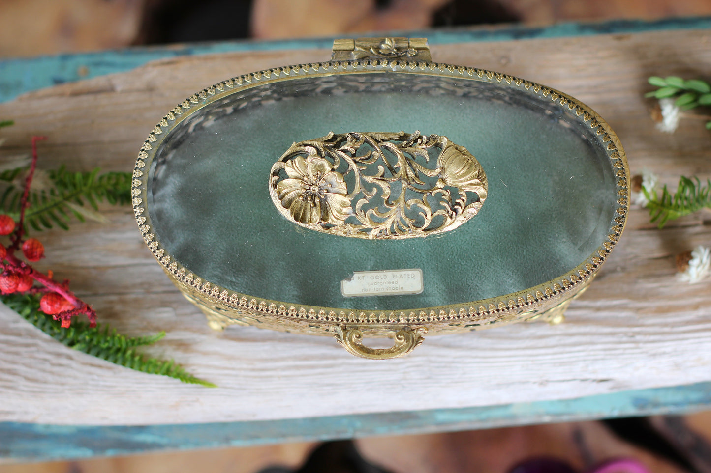 Antique Turquoise Oval Floral Dogwood Jewelry Box