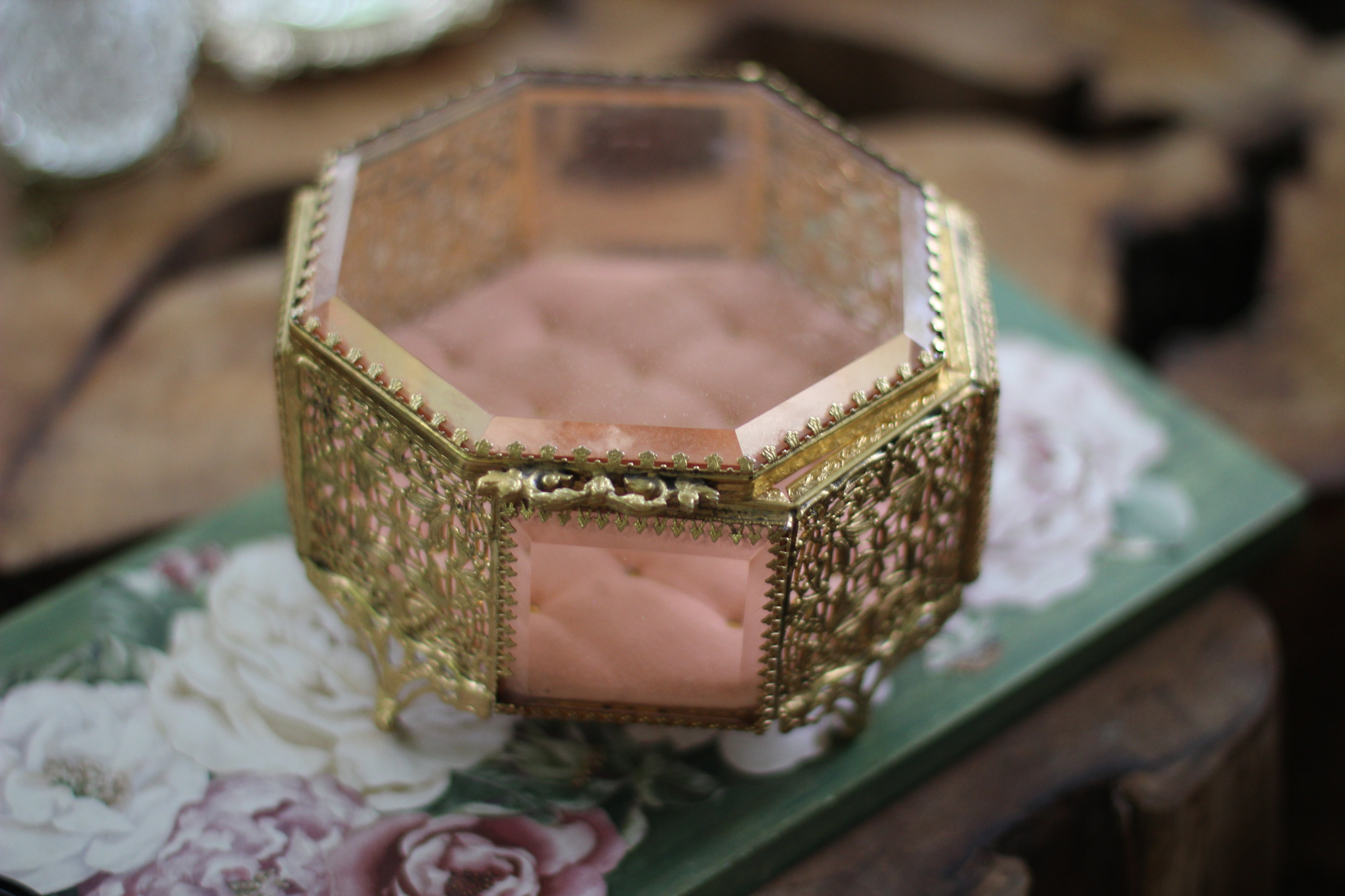 Antique Rare Pink Tufted Jewelry Box