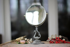 Vintage Silver Bird Vanity Pedestal Mirror on Base 2 Sided Magnifier
