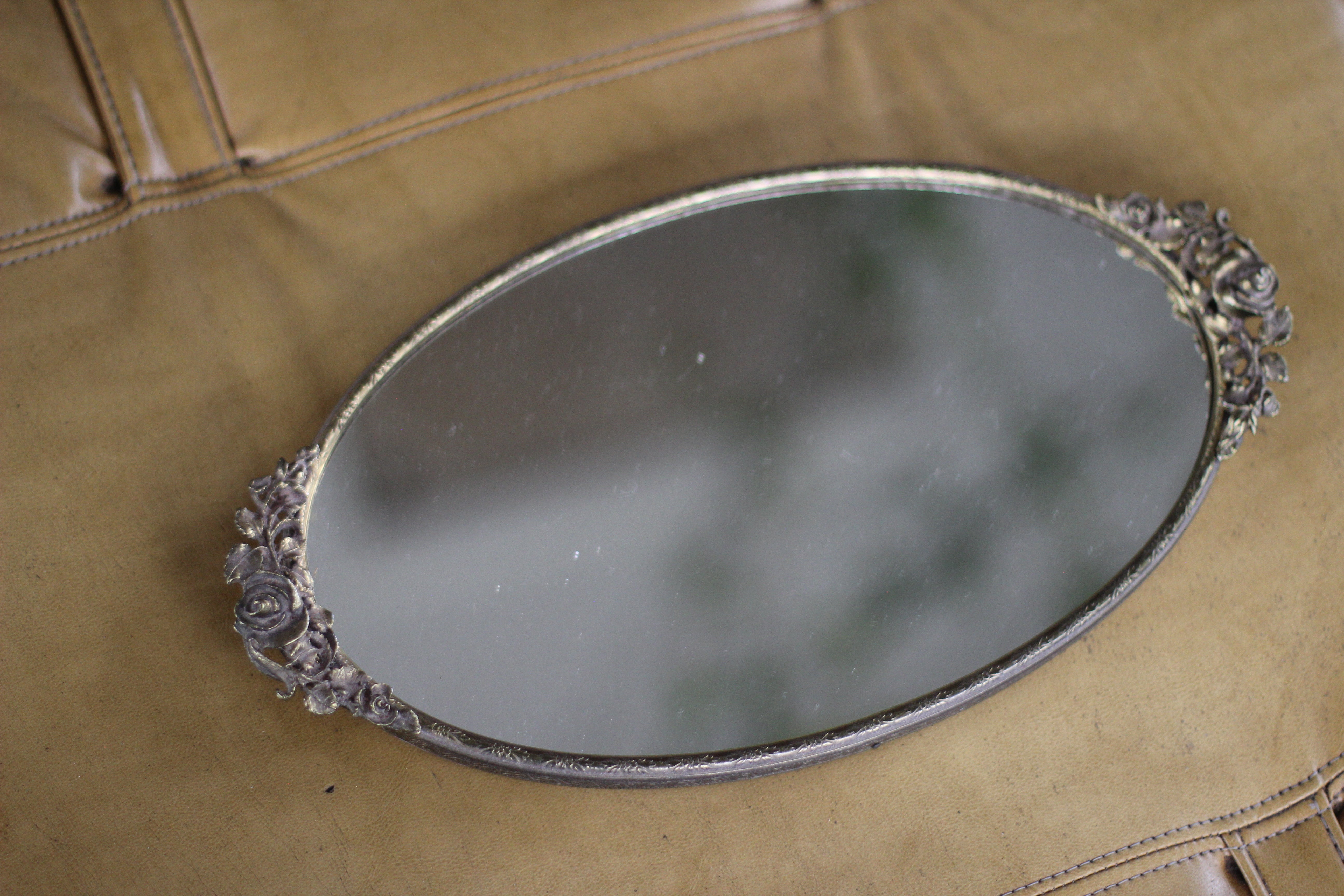 Antique Small Roses Bronze Filigree Mirror Tray