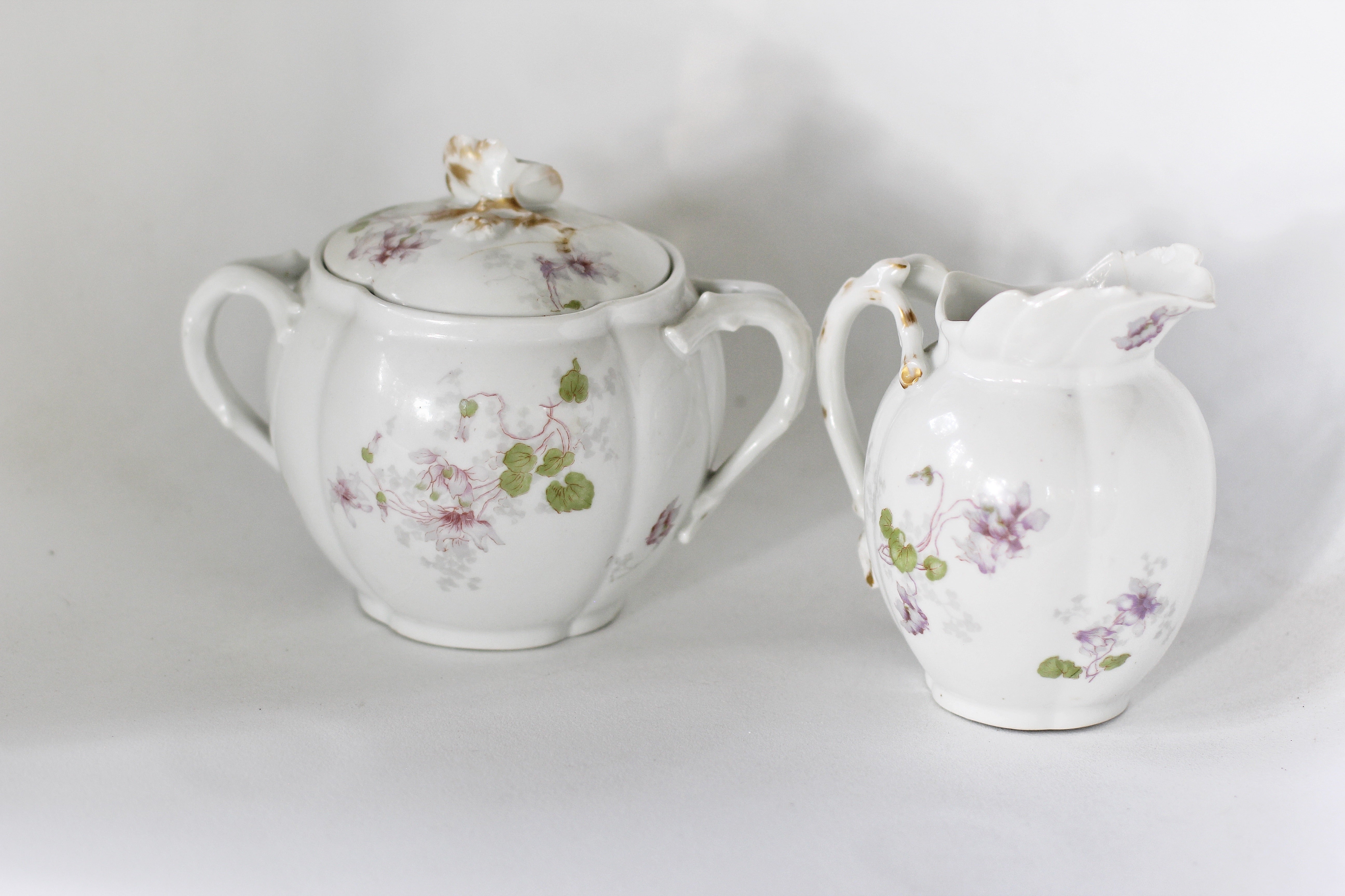 Vintage Limoges WroGeurin Purple Flowers Porcelain Sugar Bowl & Creamer Set