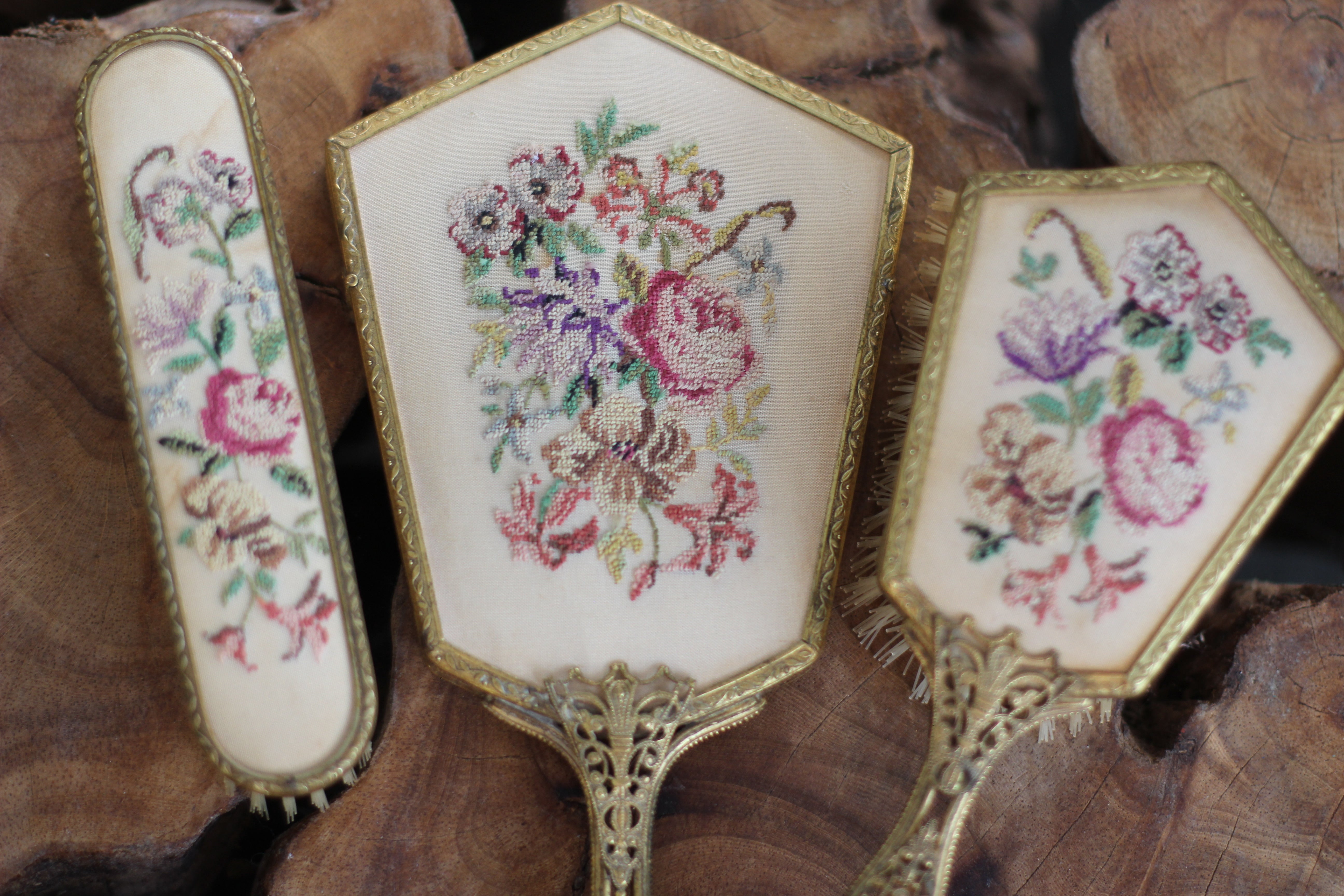 Antique Floral Needlepoint Vanity Set