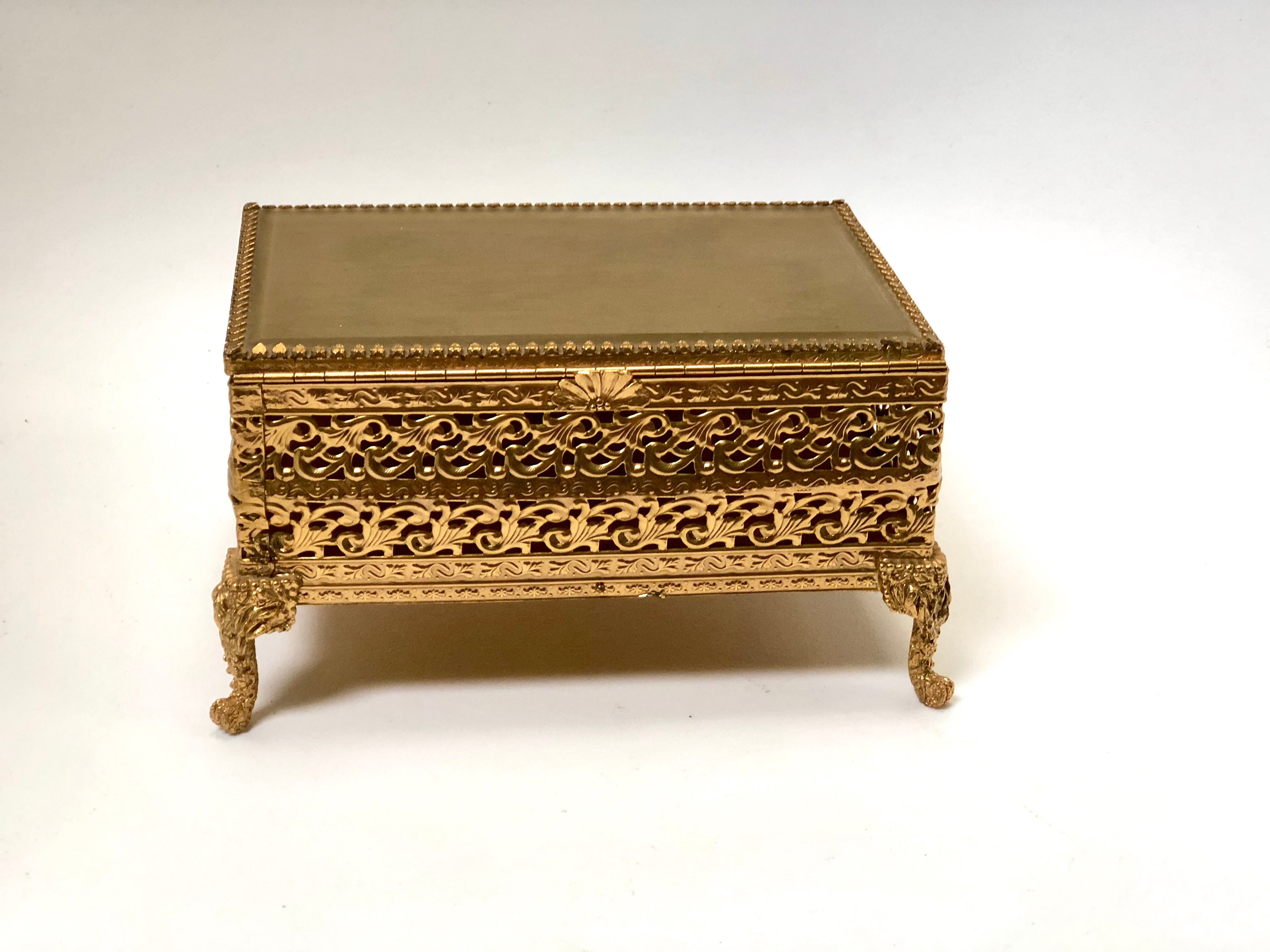 Vintage Lion Feet Gold Filigree Jewelry Box