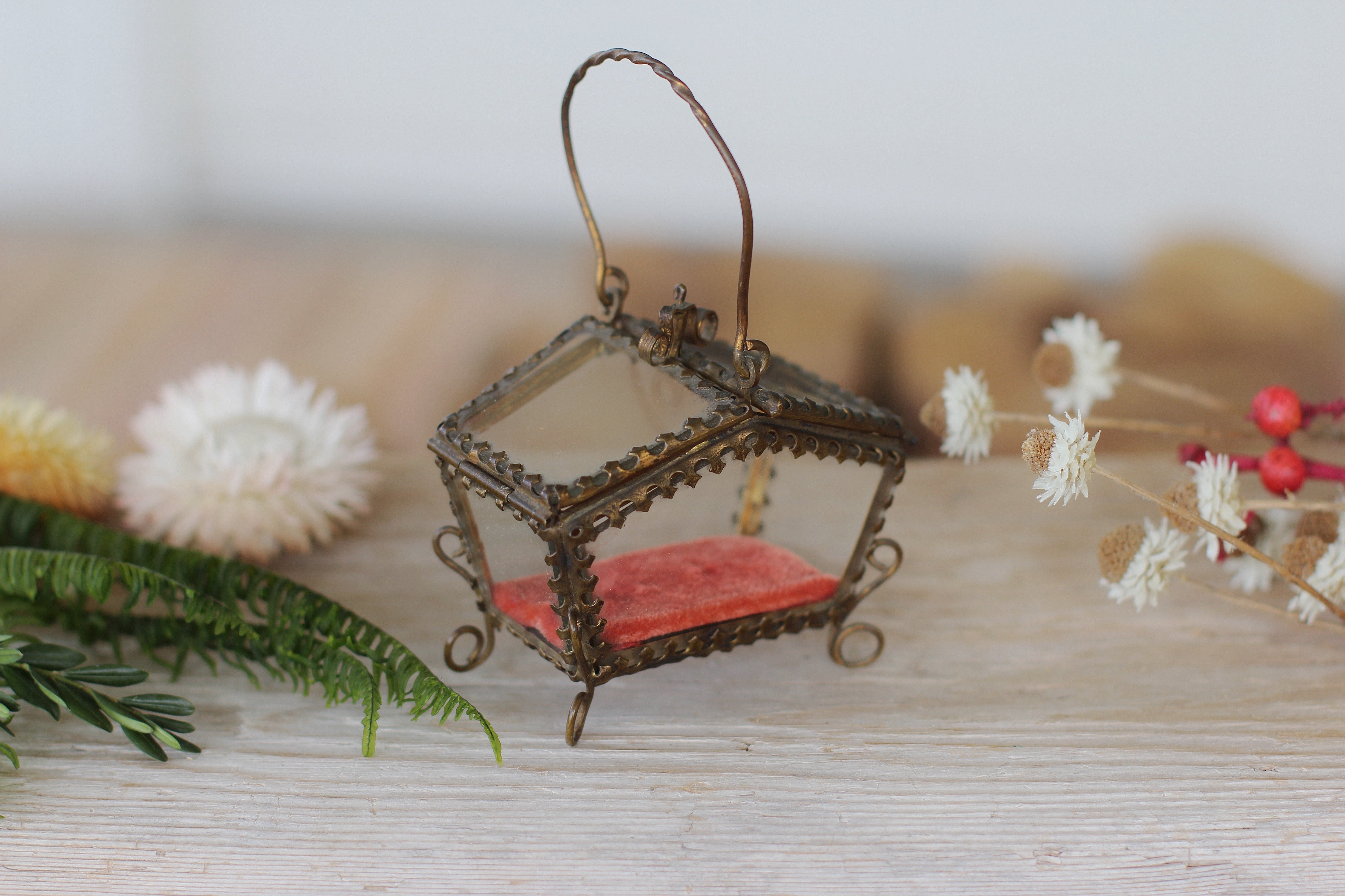 Antique Basket Beveled Glass Jewelry Box