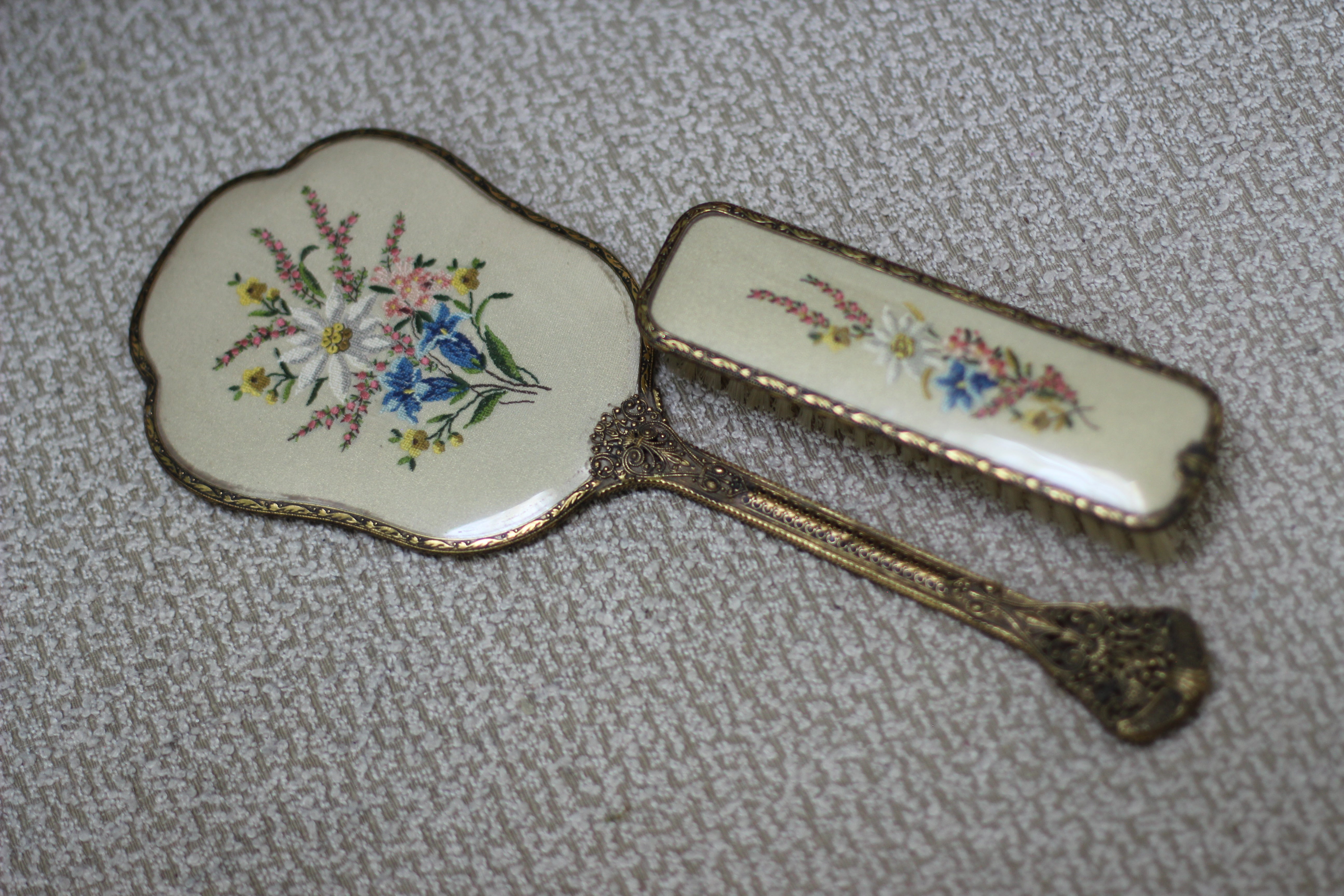 Antique Floral Needlepoint Vanity Set