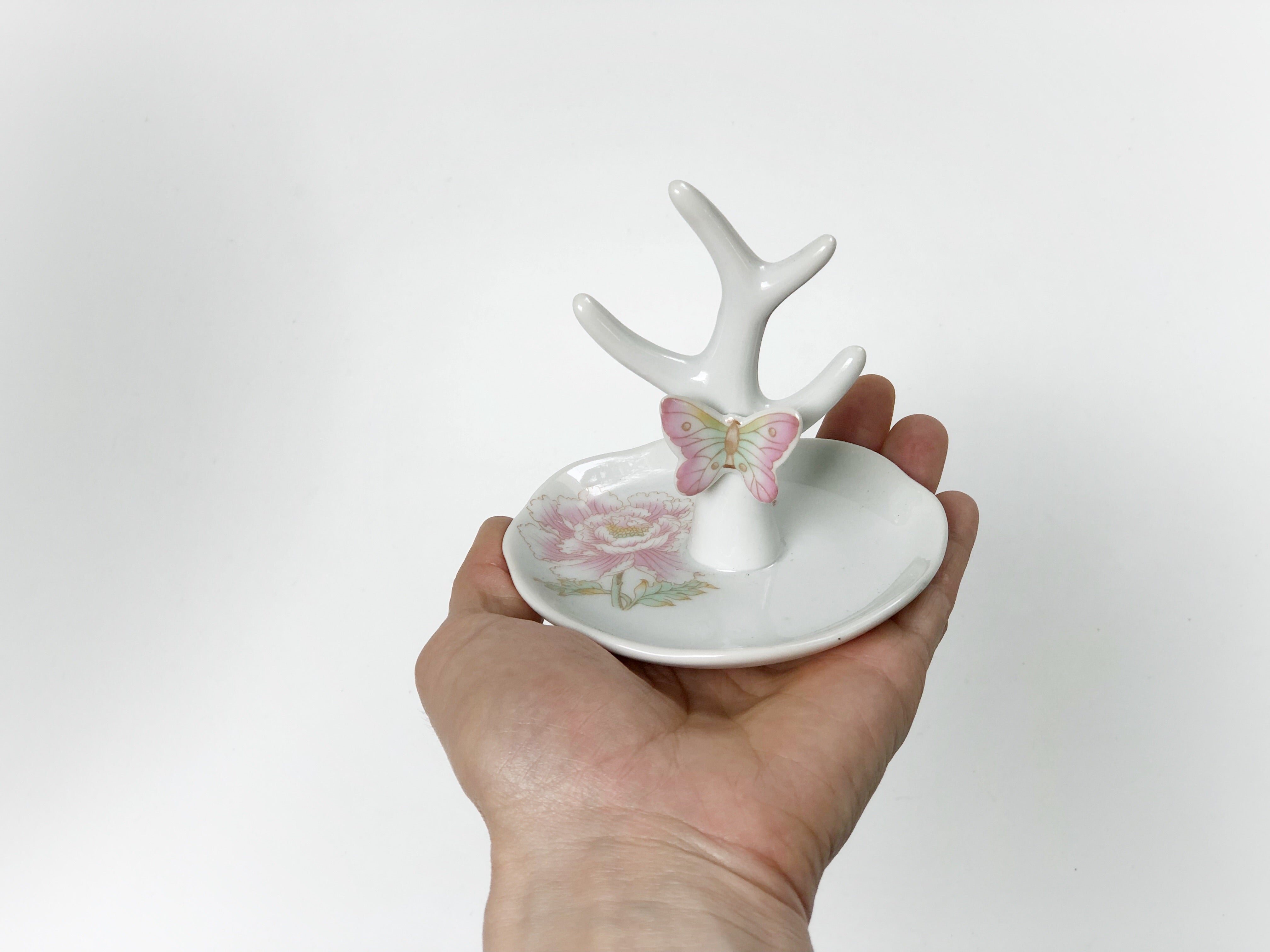 Antique Butterfly Flowers Porcelain Ring Holder
