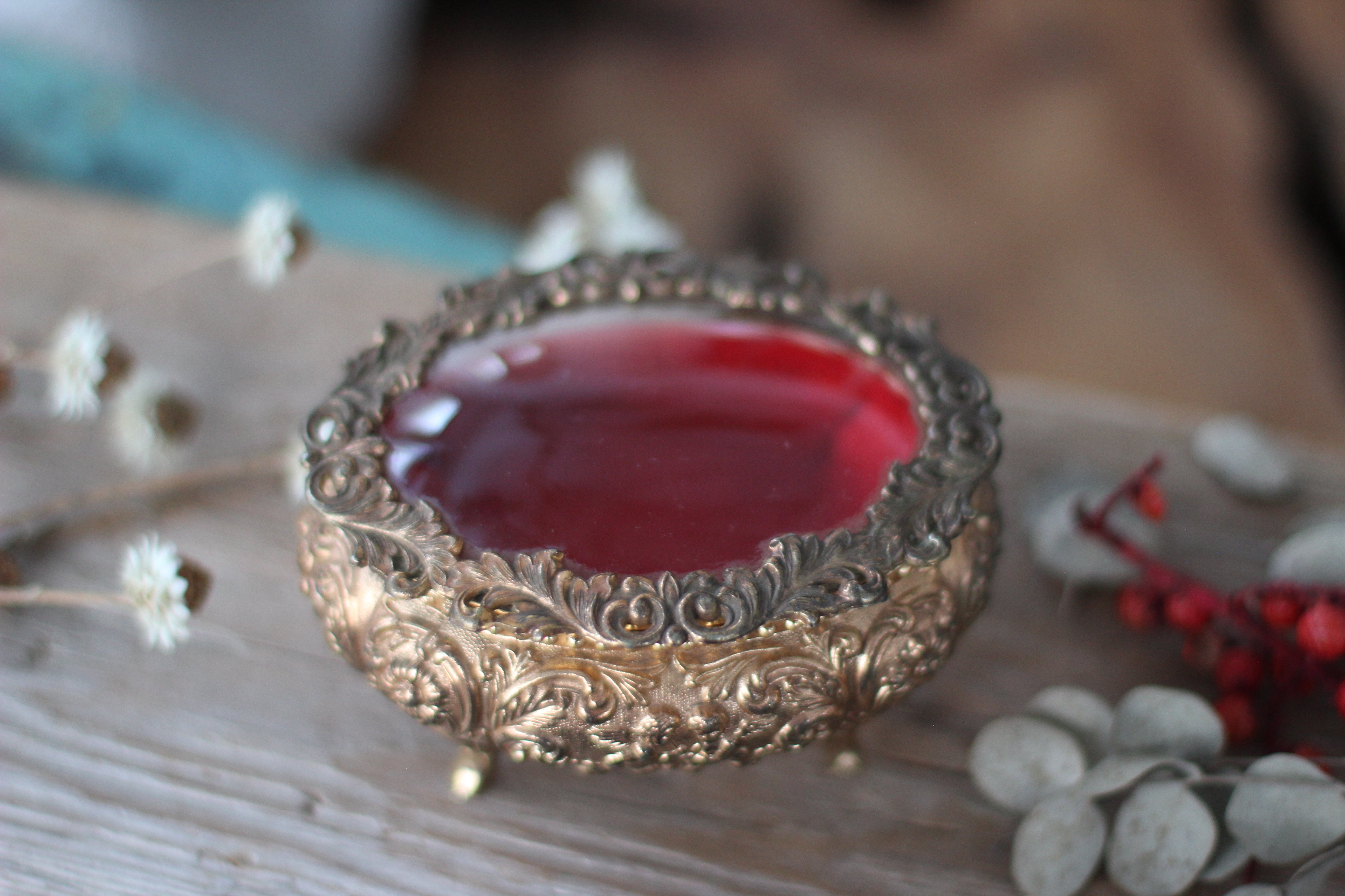 Antique Oval Bronze Glass Jewelry Box