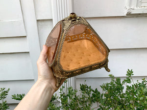 Antique Rare Floral French Victorian Amber Glass Jewelry Box