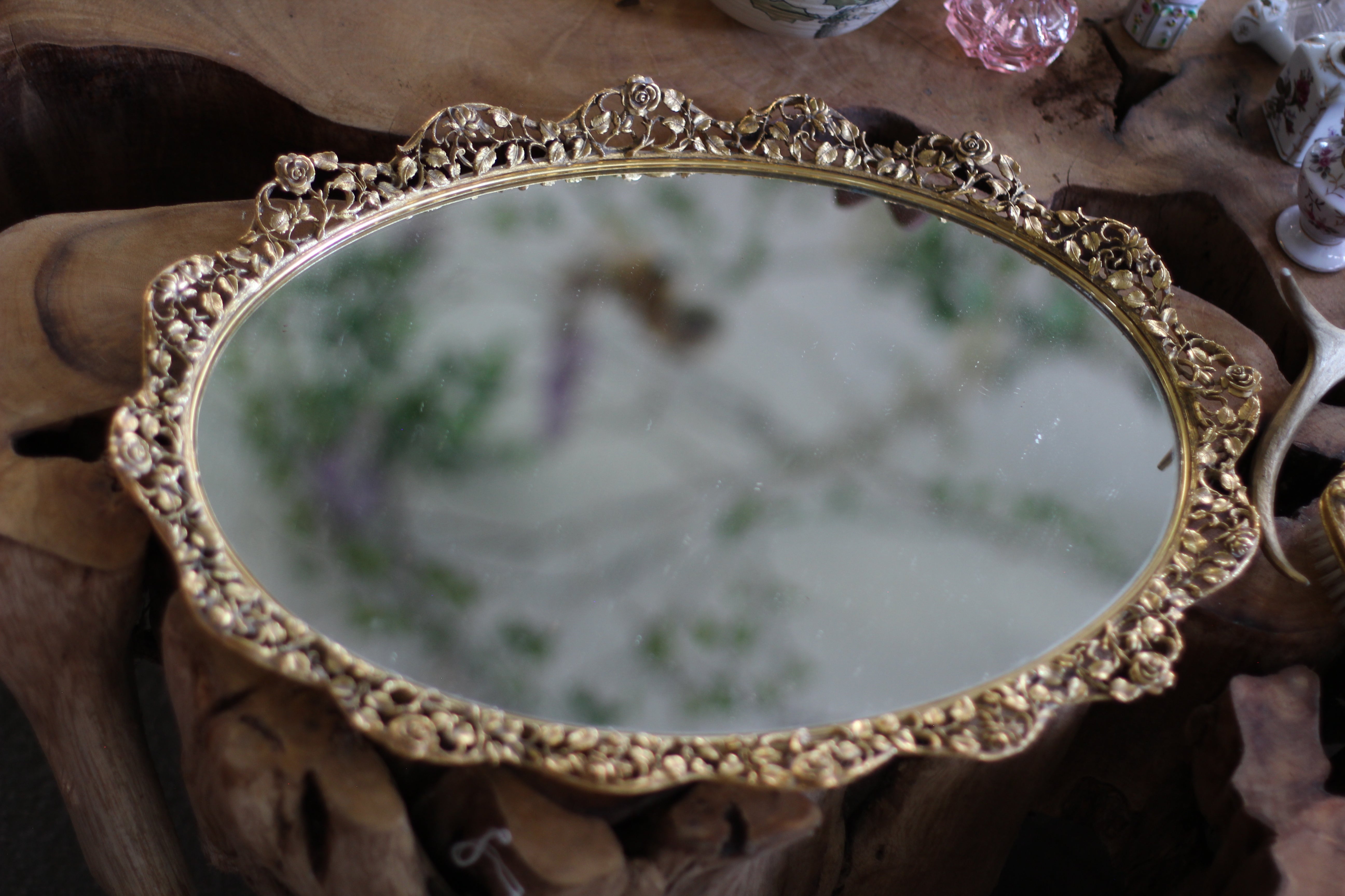 Antique Large Floral Roses Mirror Tray