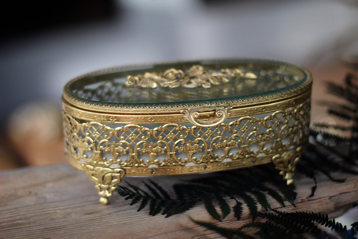 Antique Turquoise Oval Roses Jewelry Box