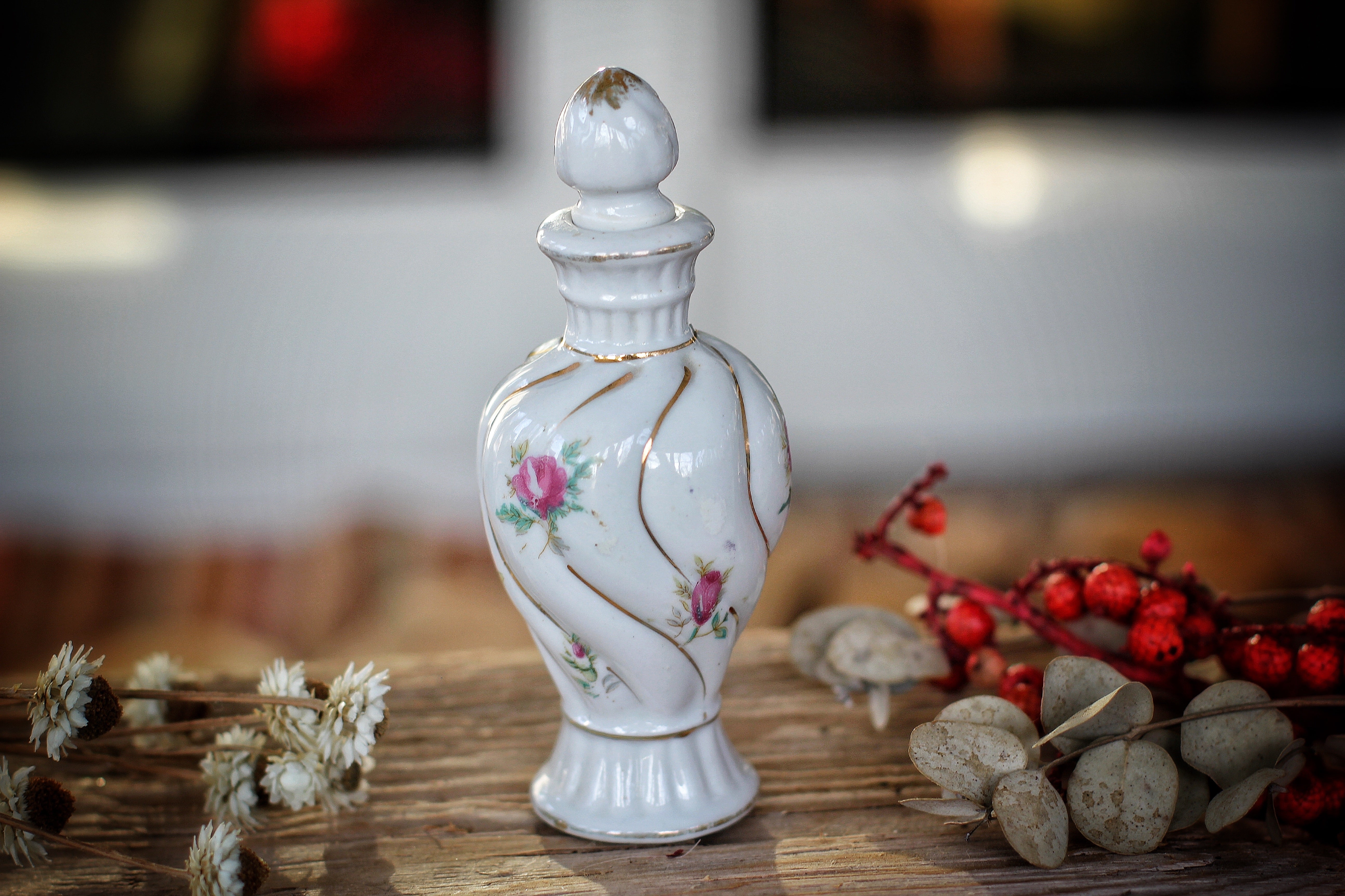 Antique Floral Roses Porcelain Perfume Bottle