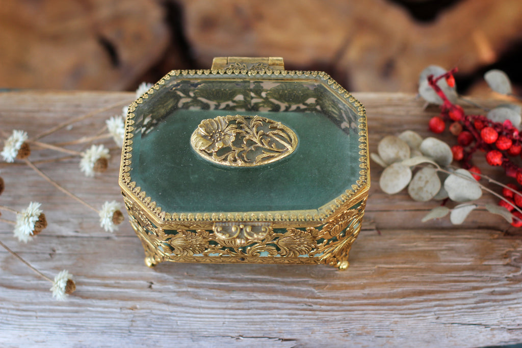 Vintage Florentine Jewelry Box, Gold and White, Wooden