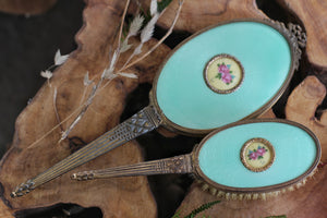 Antique Guilloche Turquoise Floral Vanity Set