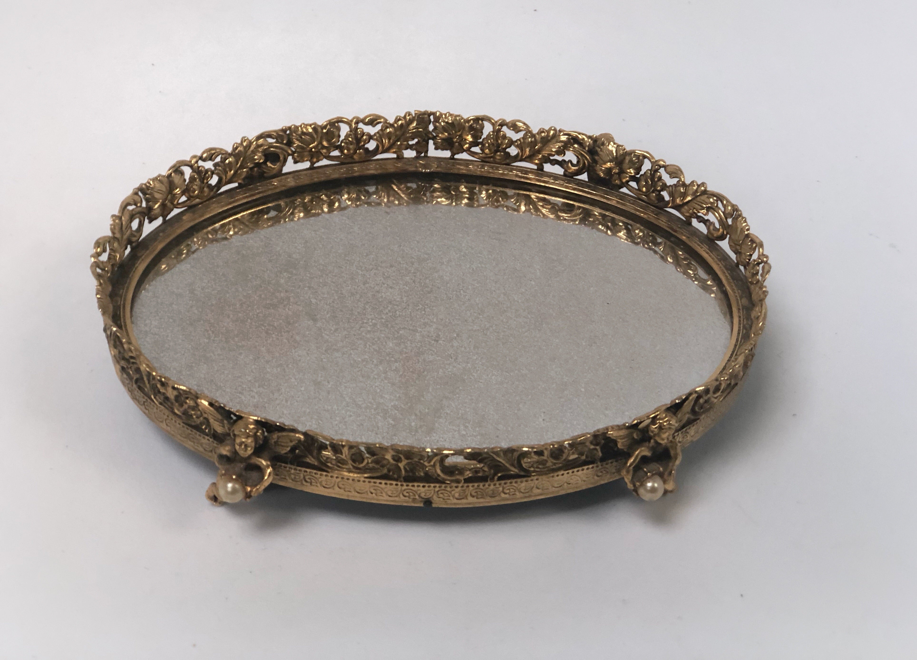 Antique Small Angels Vanity Mirror Tray