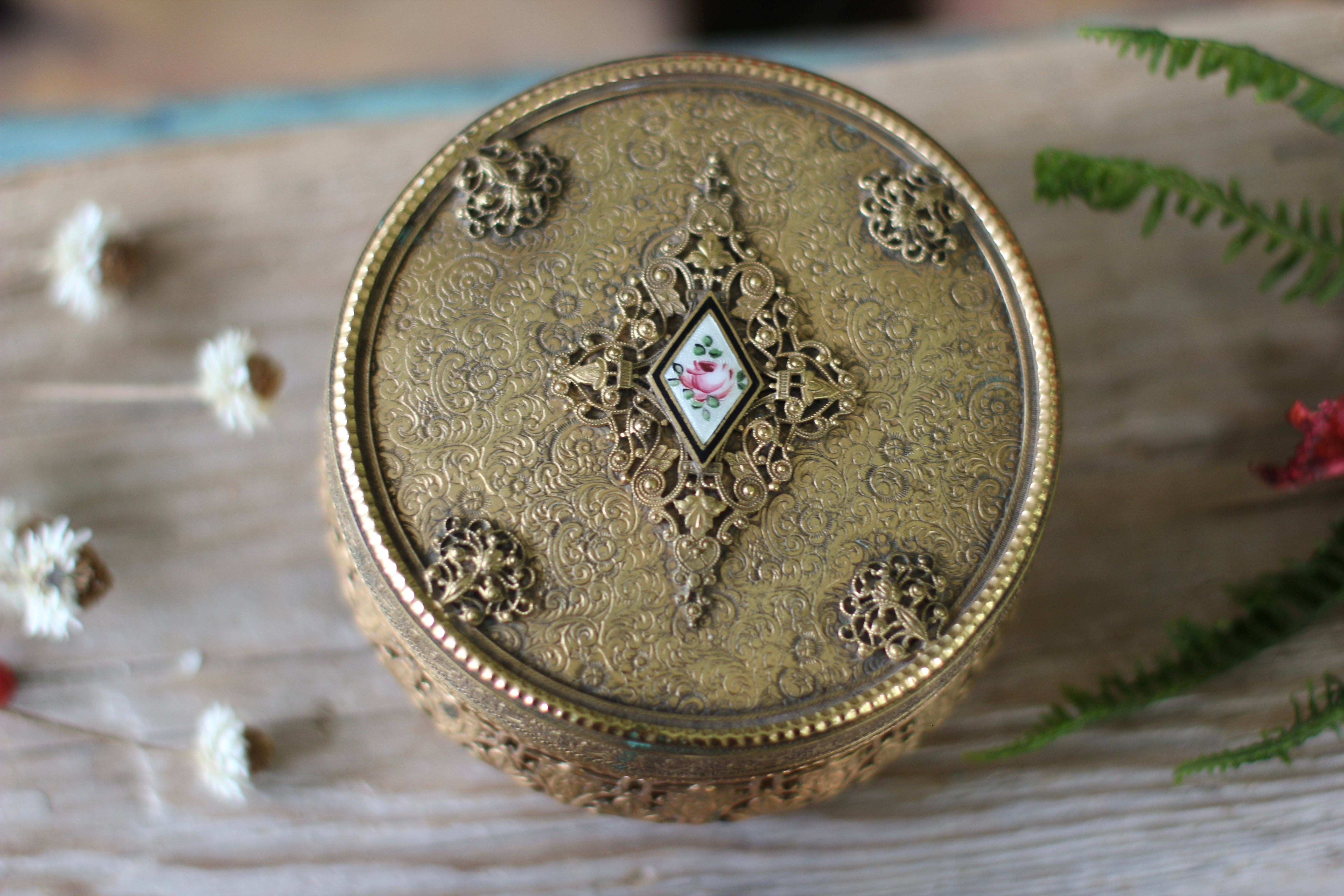 Vintage Guilloche Bronze Filigree Floral Jar