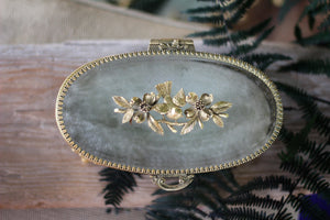Antique Turquoise Oval Birds & dogwood Jewelry Box