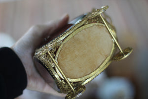 Antique Carriage Amber Glass Tufted Filigree Jewelry Box