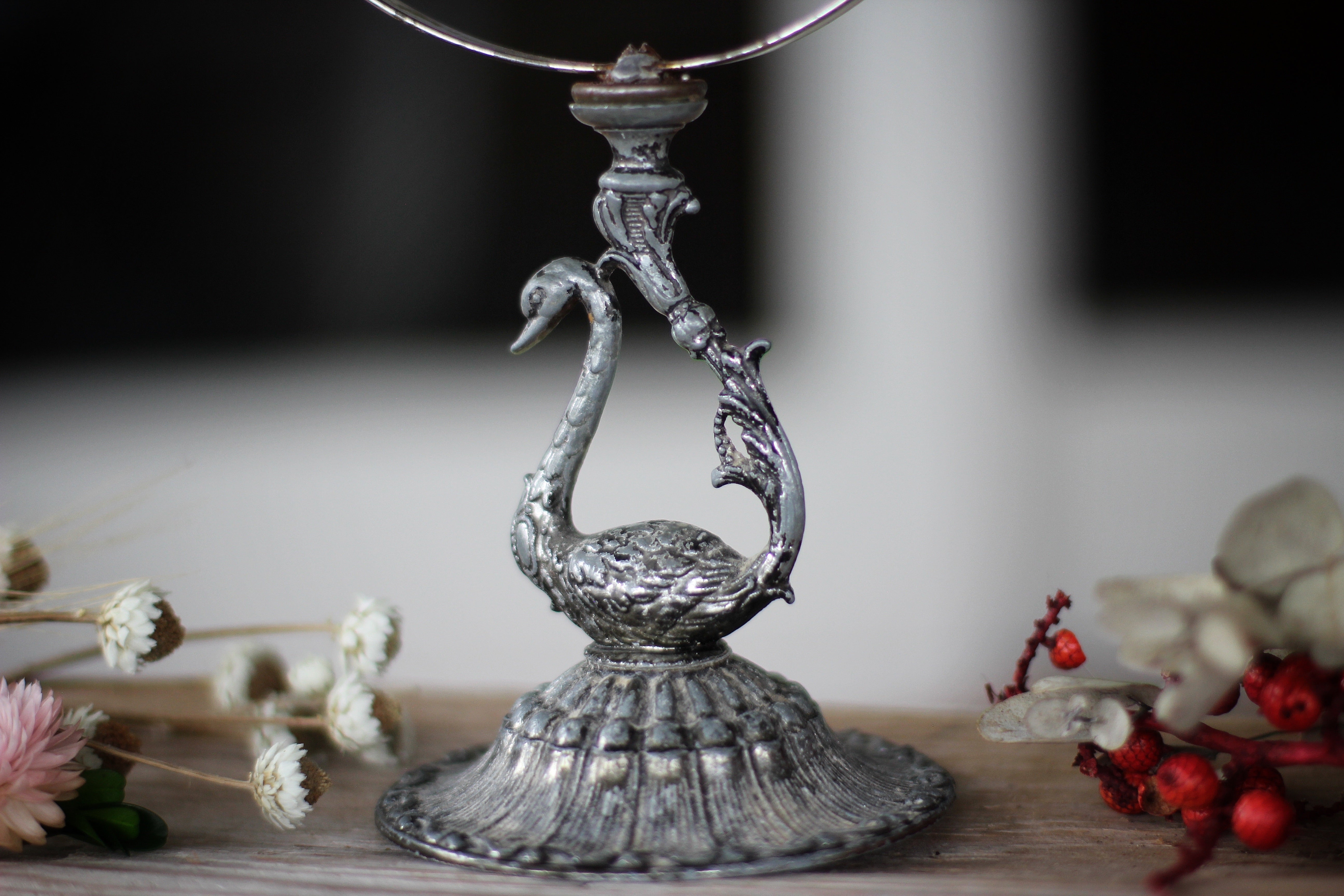 Vintage Silver Bird Vanity Pedestal Mirror on Base 2 Sided Magnifier