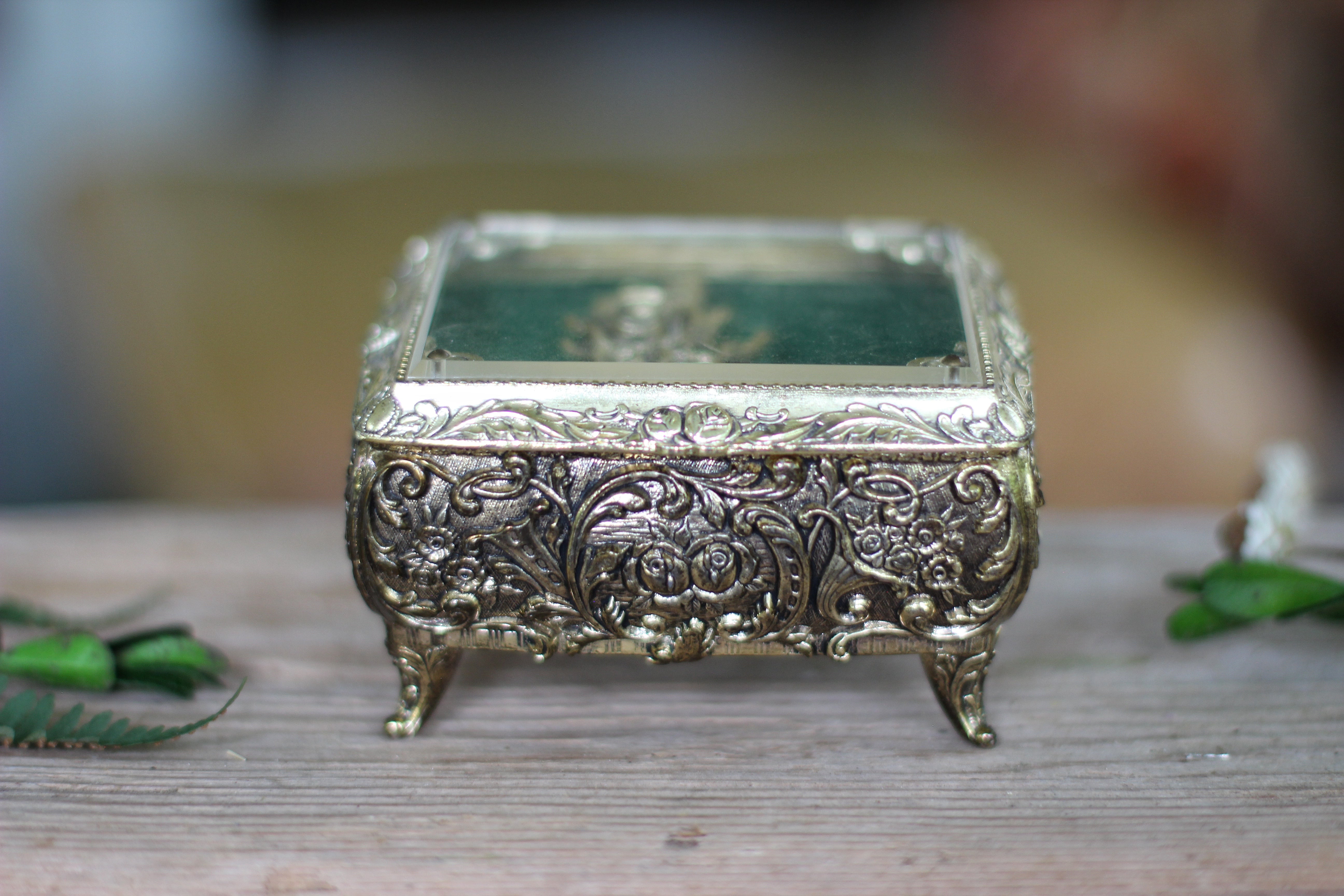 Antique Turquoise Floral Jewelry Music Box