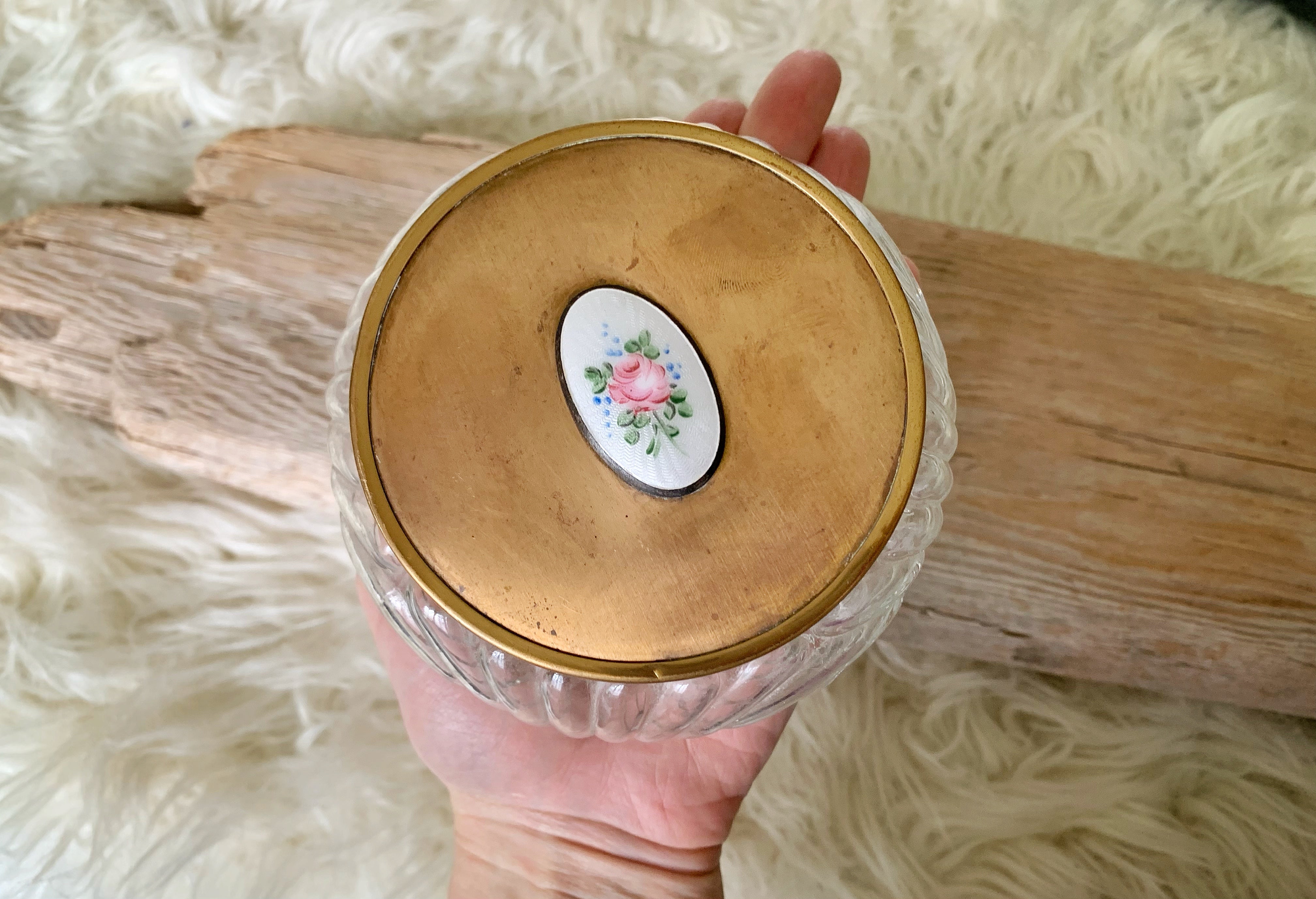 Antique Floral Rose Bronze Guilloche Glass Jar