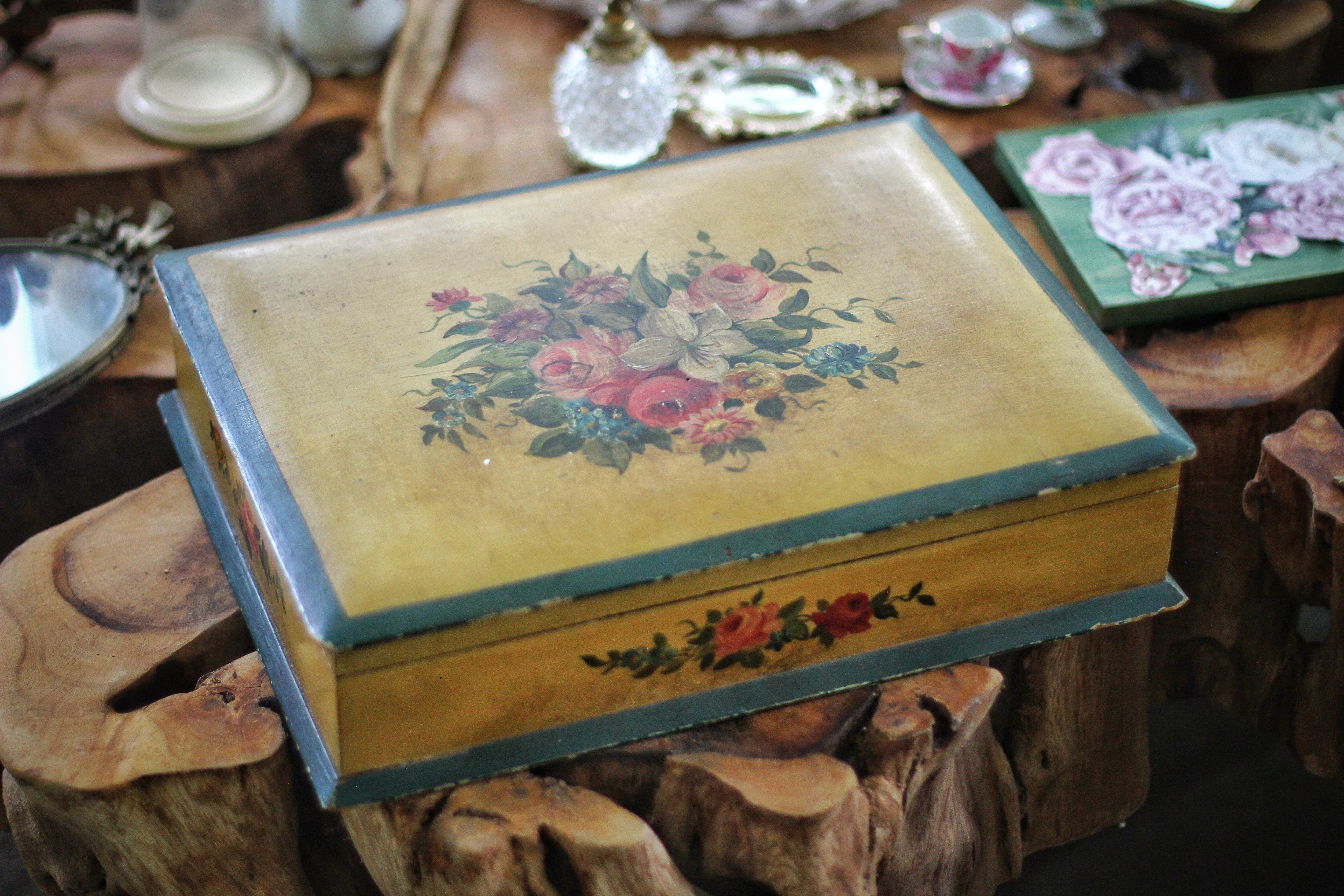 Antique Floral Wood Jewelry Box