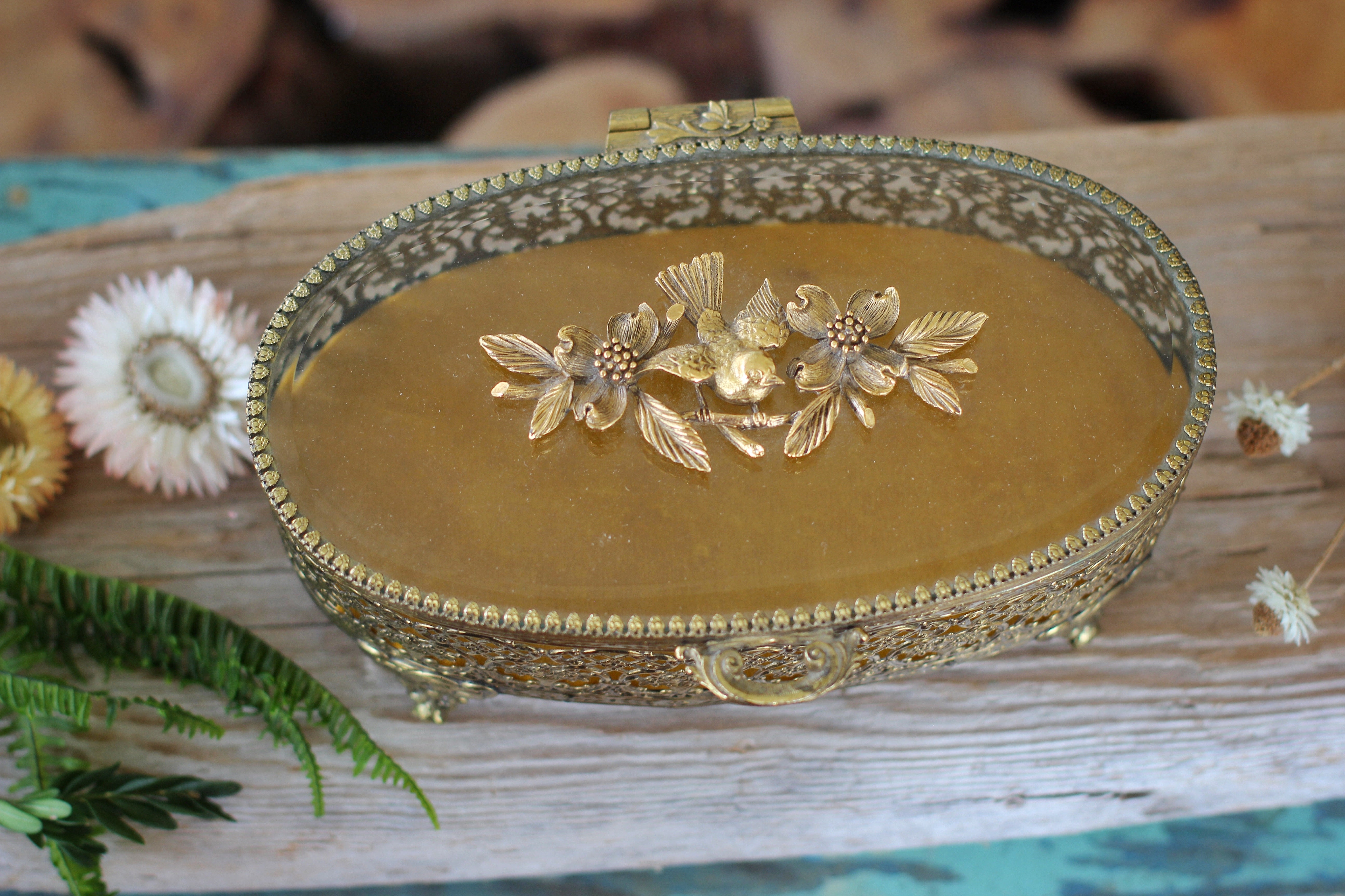 Antique Floral Dogwood Bird Jewelry Box