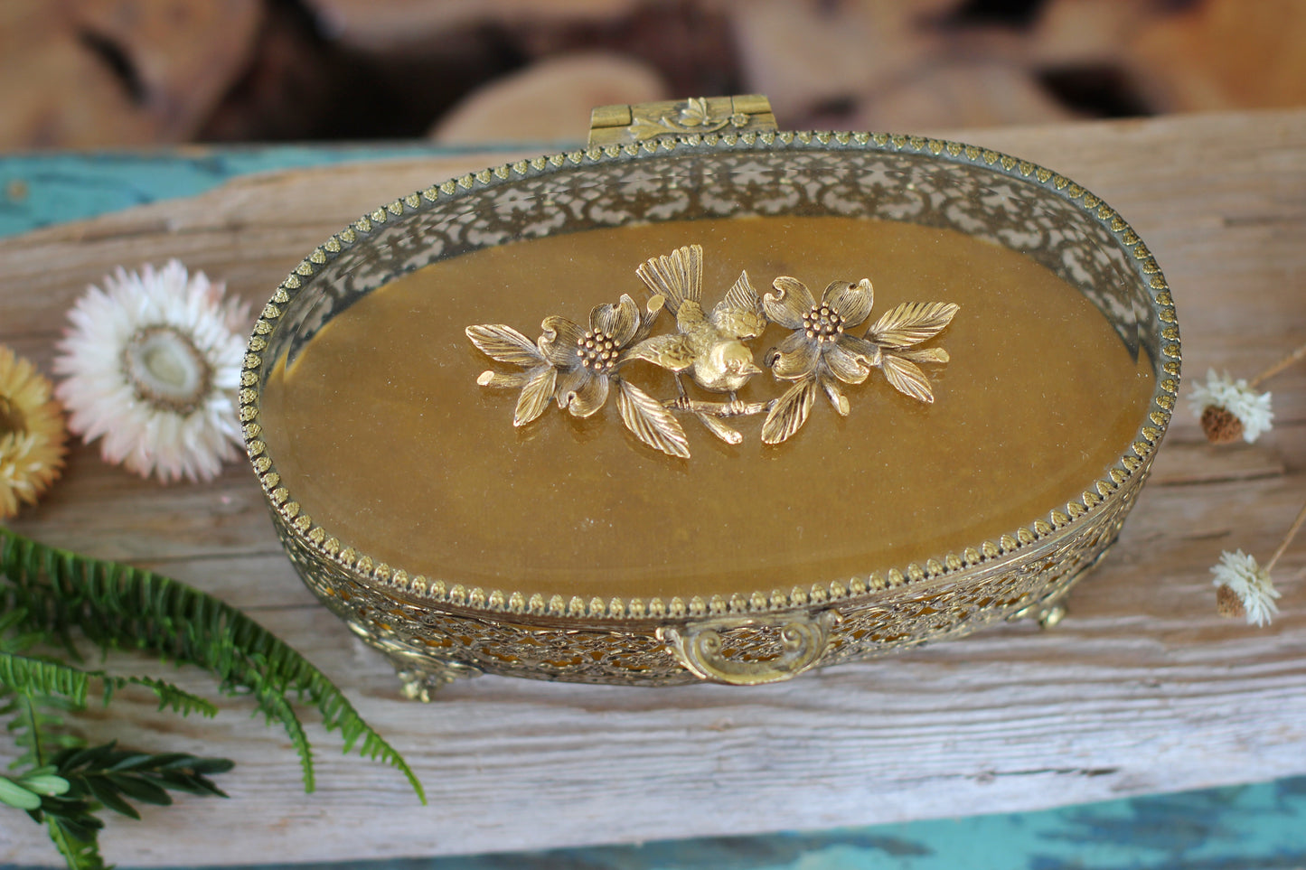 Antique Floral Dogwood Bird Jewelry Box