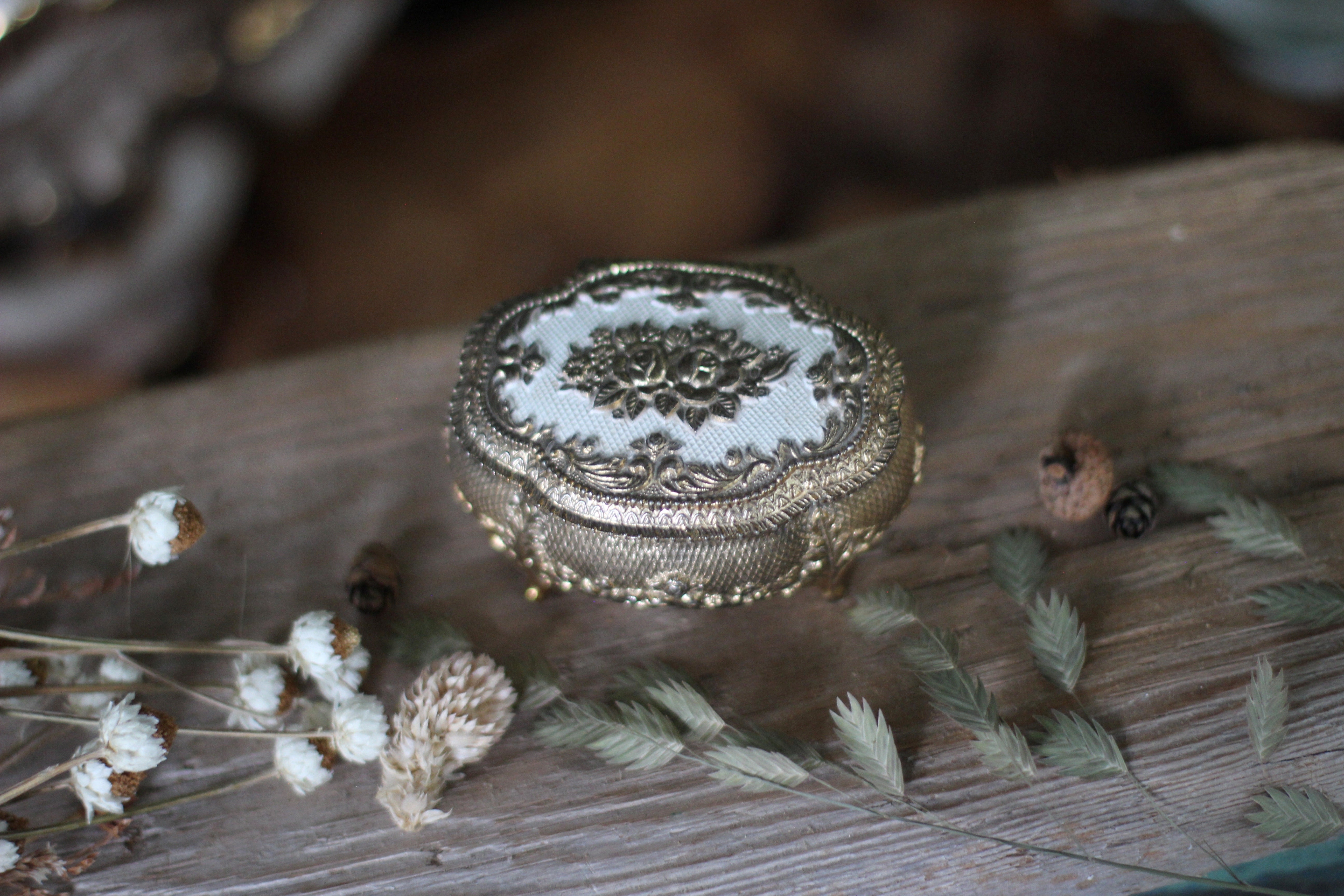 Antique Floral Bronze White Jewelry Box